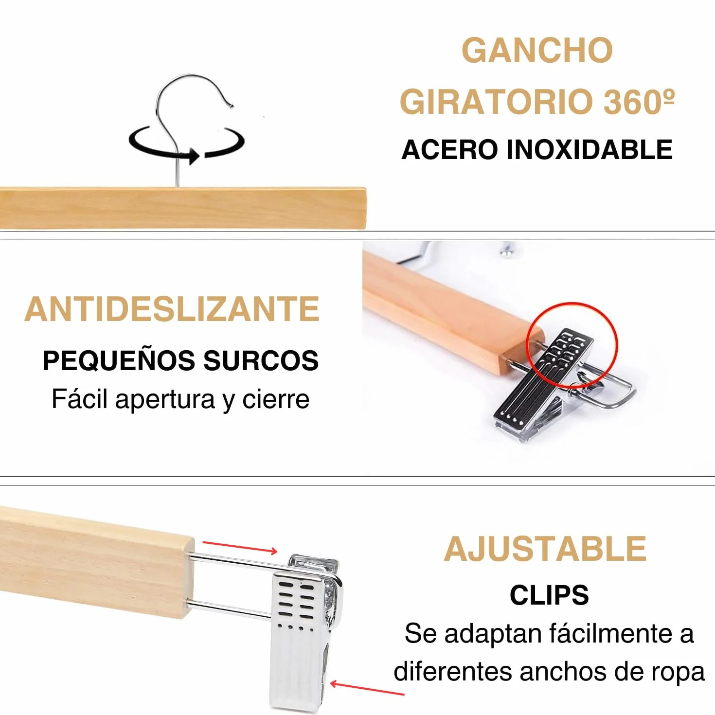 KROWN 6 Perchas de Madera Natural con Clips Antideslizantes y Ganchos Giratorios