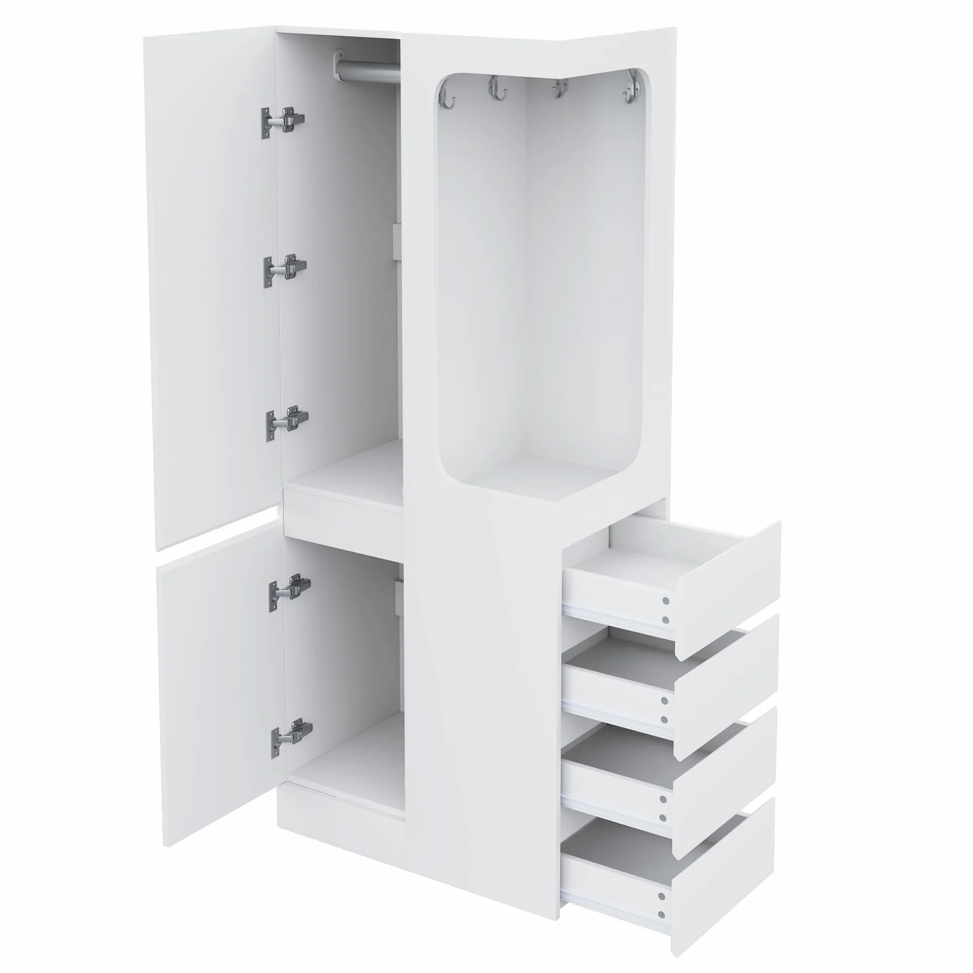 Armario, con cajones y compartimentos de almacenamiento, área abierta para ropa, una puerta (Blanco-1)