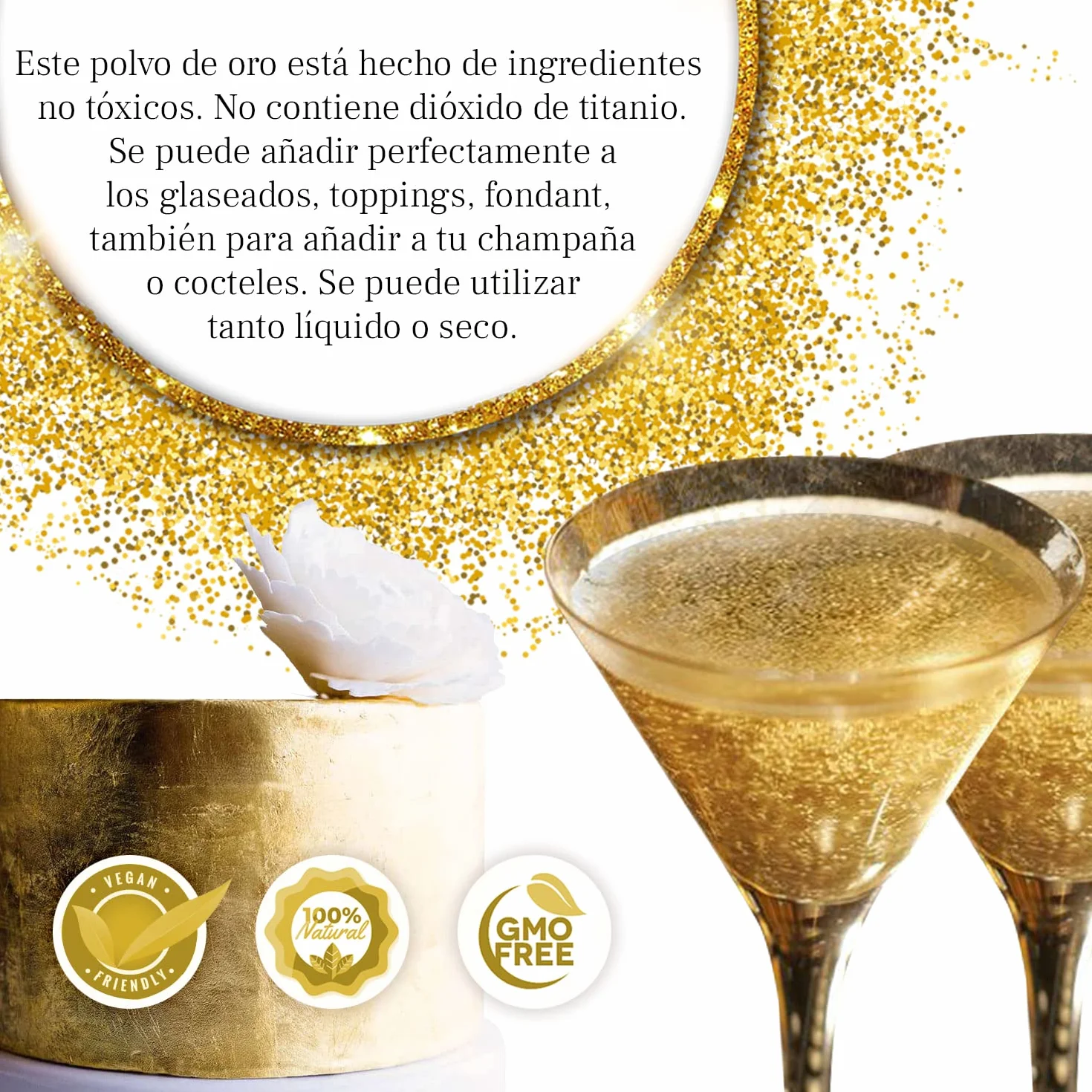 Detox Organica Polvo Oro Comestible Repostería 10g Dorado para Decorar Tartas Bebidas Edible Glitter Sin Gluten Vegano