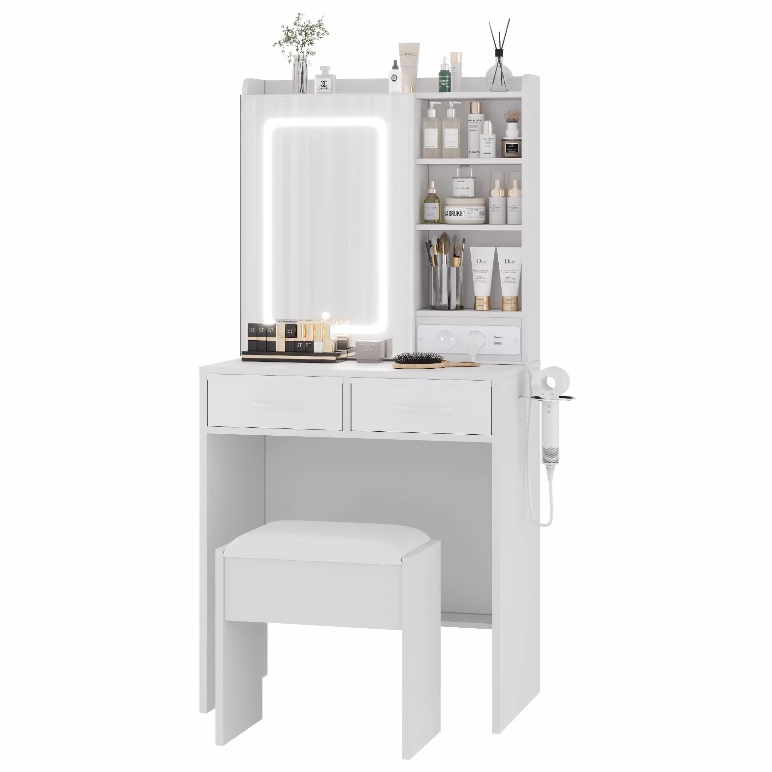 Tocador con Luces LED y Espejos, Tocador de Maquillaje con Luz Ajustable de 3 Colores, Taburete de Almacenamiento Blando, Base de Carga, 2 Cajones y 3 Compartimentos Abiertos