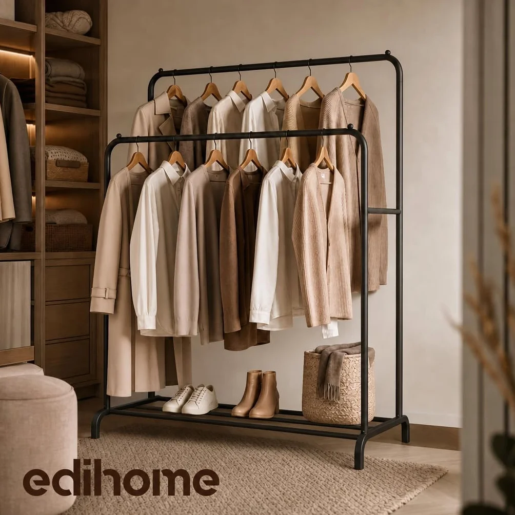 Perchero Colgador de Ropa Doble Metálico 110x150x54 cm con Soporte para Zapatos Negro