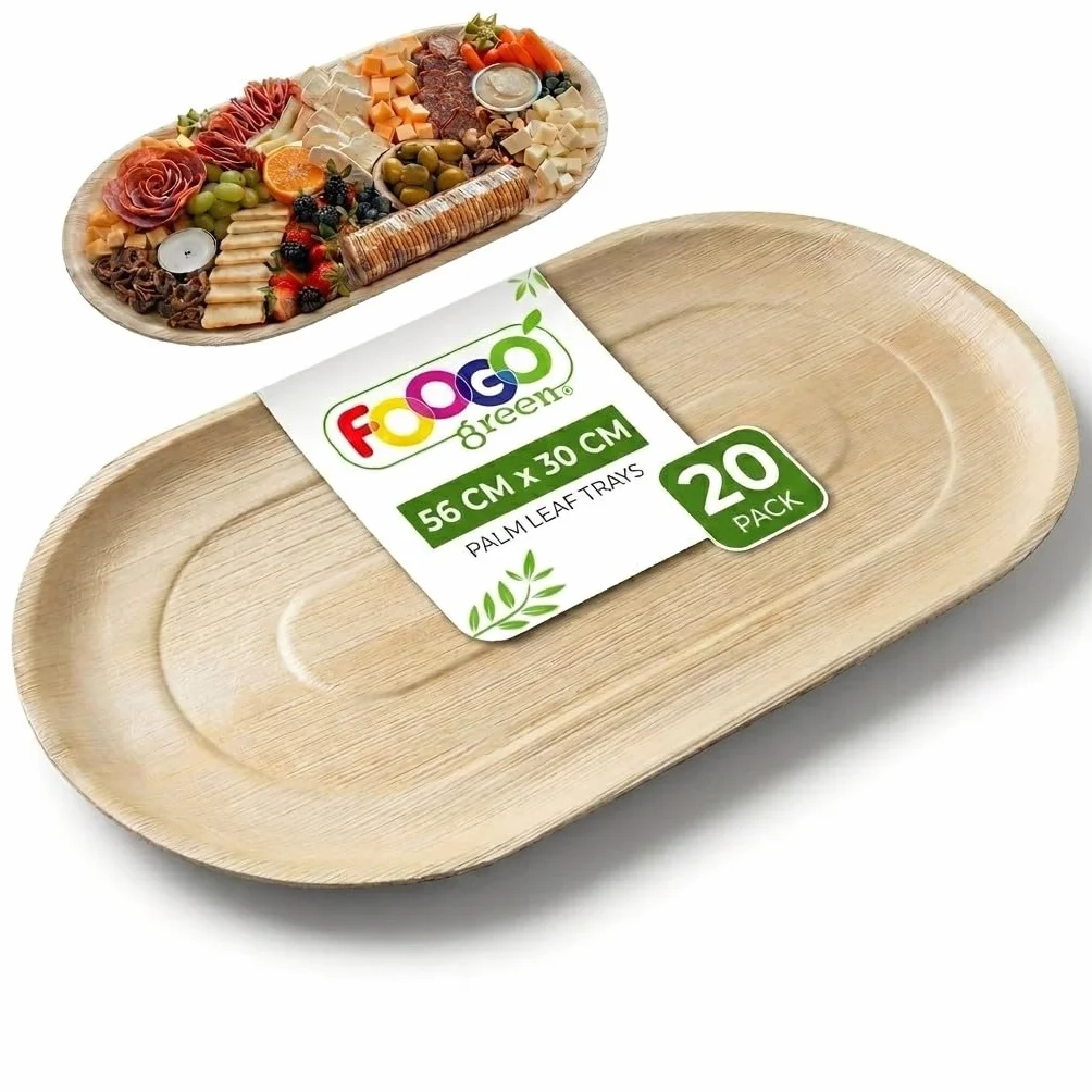 FOOGO Green 20 Bandejas Hoja de Palma Ovaladas 56x30cm Desechables Pizza | Biodegradables, Compostables, Pizza, entrantes, canapés y charcutería, Como bandejas de madera, Resistentes, Ecológicas