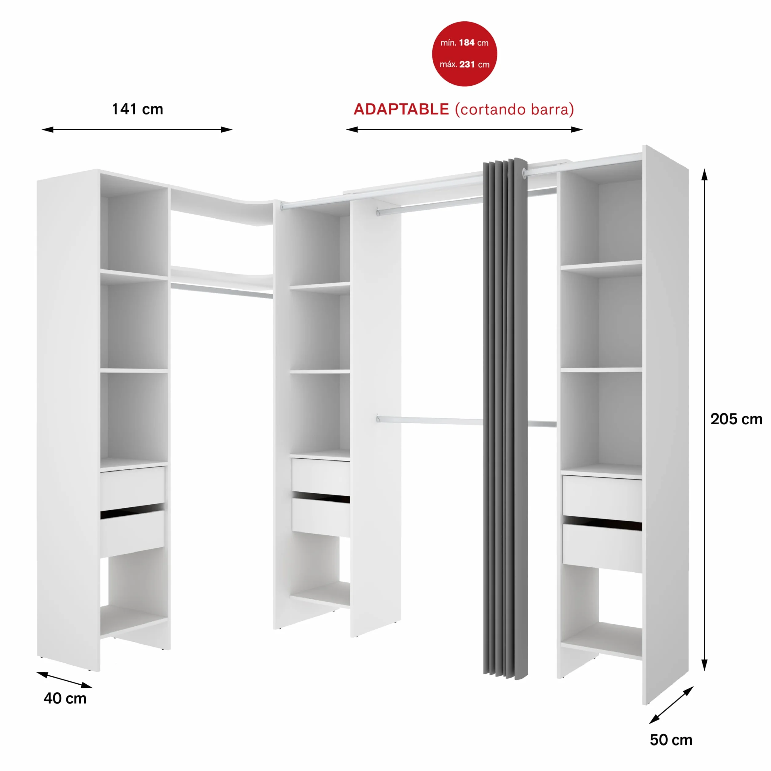 DEKIT GRUPO RIMOBEL SUIT - Conjunto de Vestidor rinconero con dos columnas, zona de barras y cortina - Blanco - 205 x 164-234 x 141 cm