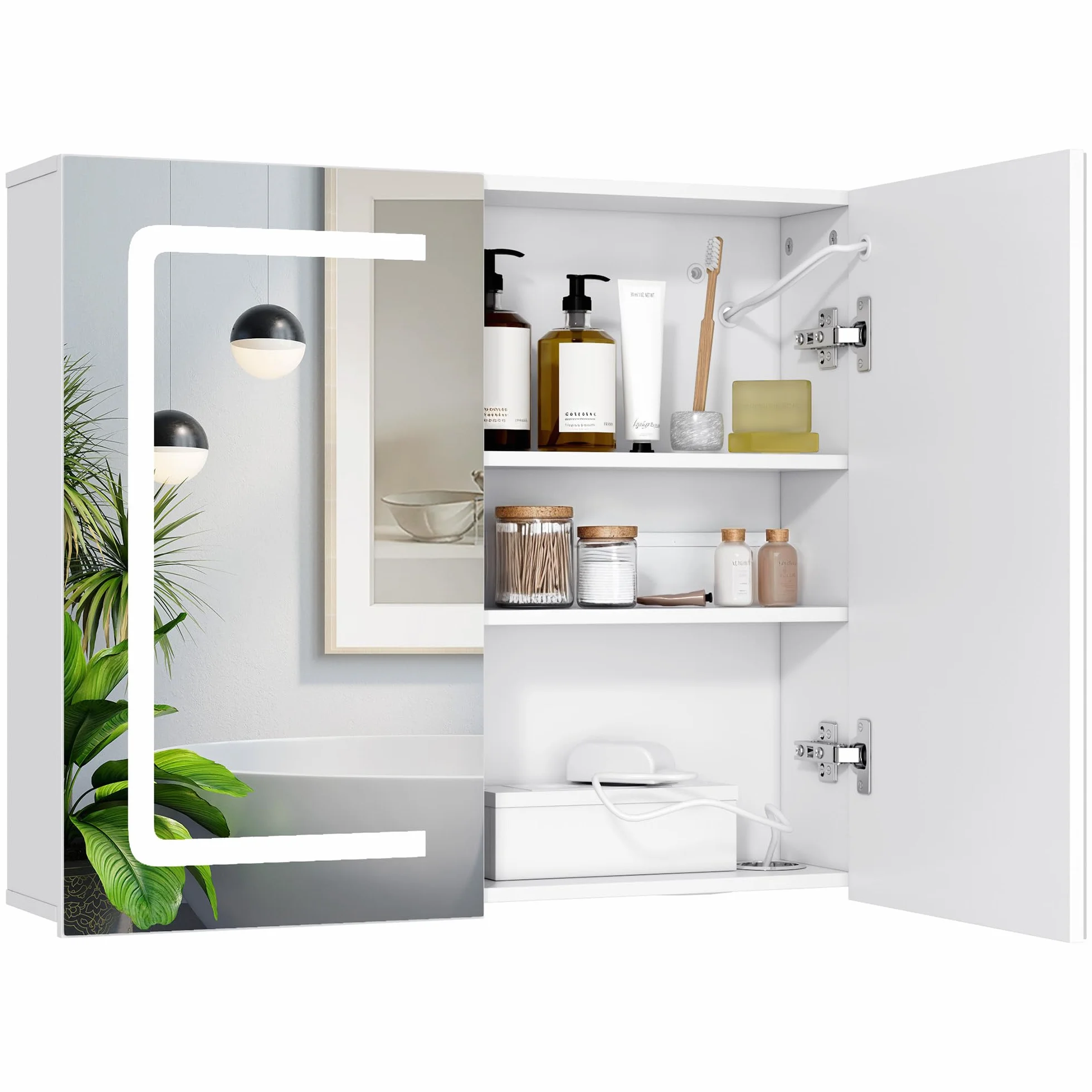 Armario Espejo Baño con Luz LED Puerto USB 70x16x60cm Blanco