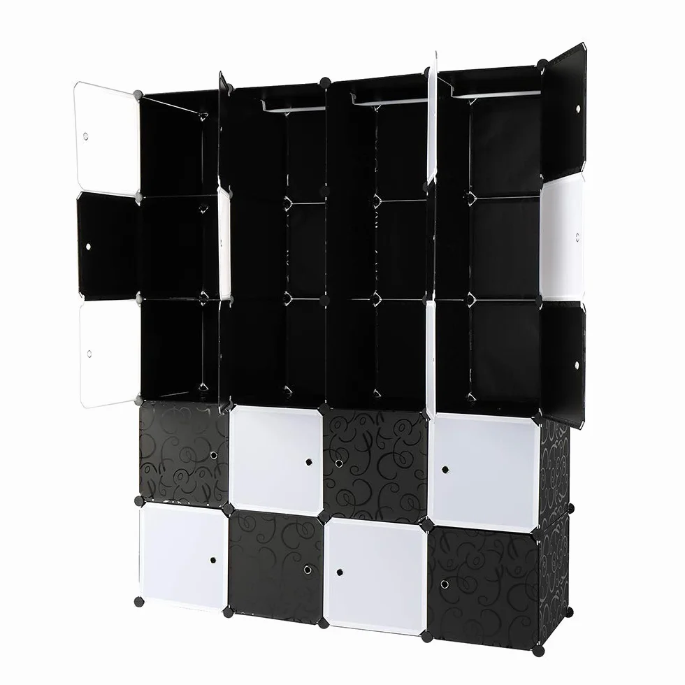 Bonnlo Armario Modular Cubos Estantería 20 Cubos Plástico DIY Barra Colgar 142x47x178 cm Negro Blanco