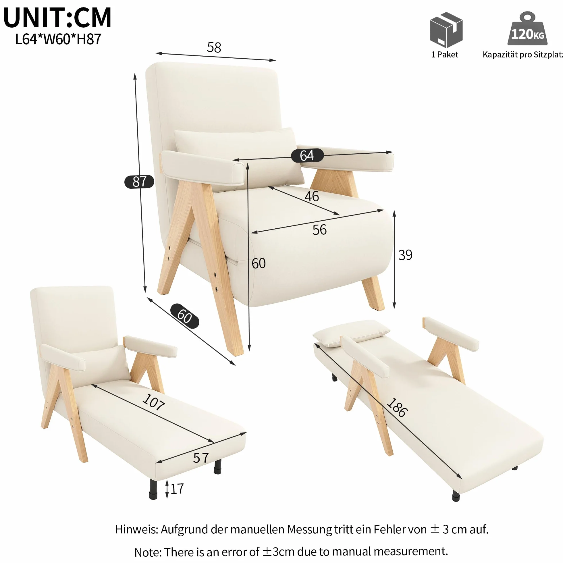 Sillón plegable acolchado 3 en 1 con función de sueño, sofá cama convertible, sillón lounge, cama individual, adecuado para salón, dormitorio, oficina, apartamento, etc. (beige)