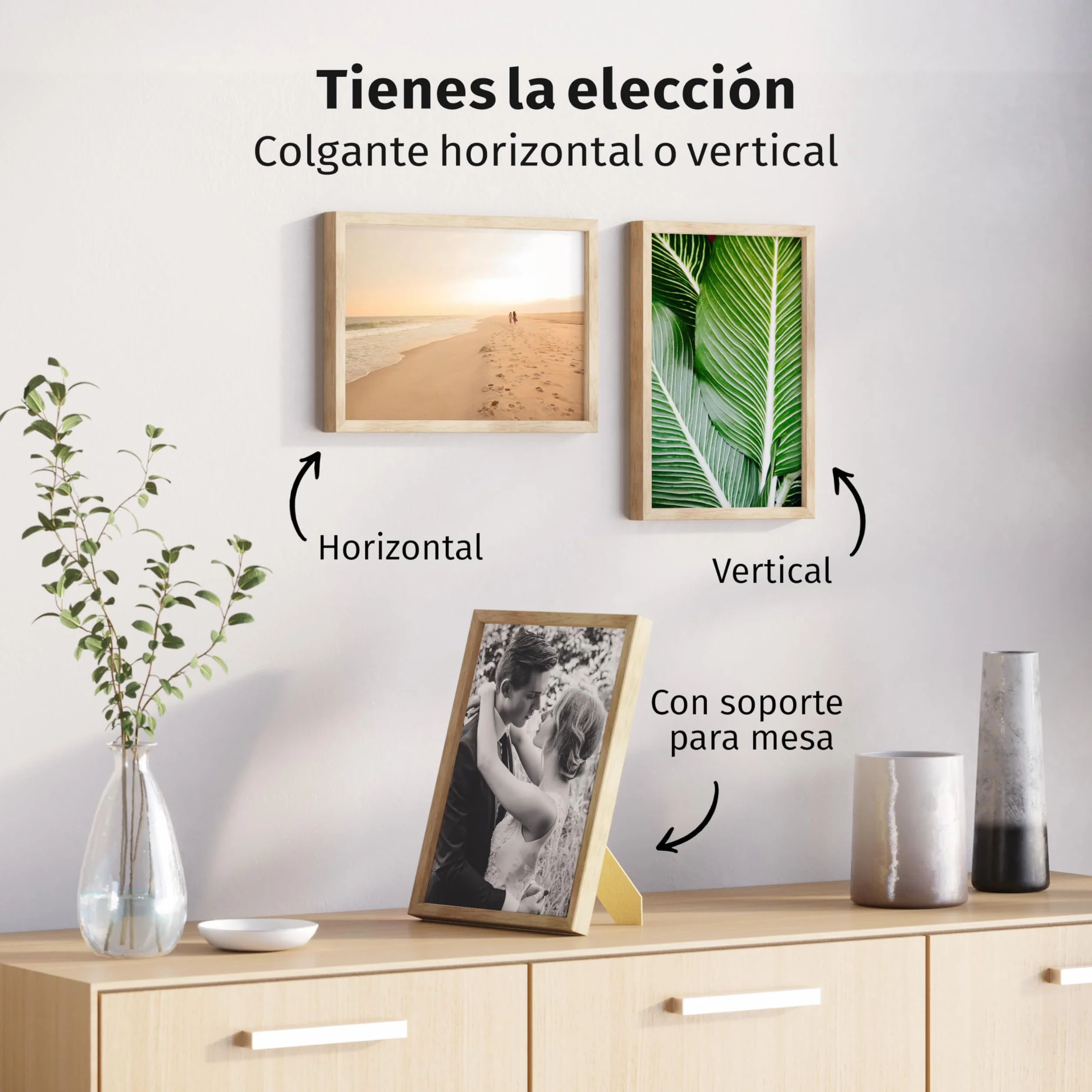Marco de fotos Premium de roble A4 (21x29,7cm) – Madera auténtica, cristal sintético inastillable, perfil estrecho, diseño minimalista, uso vertical u horizontal