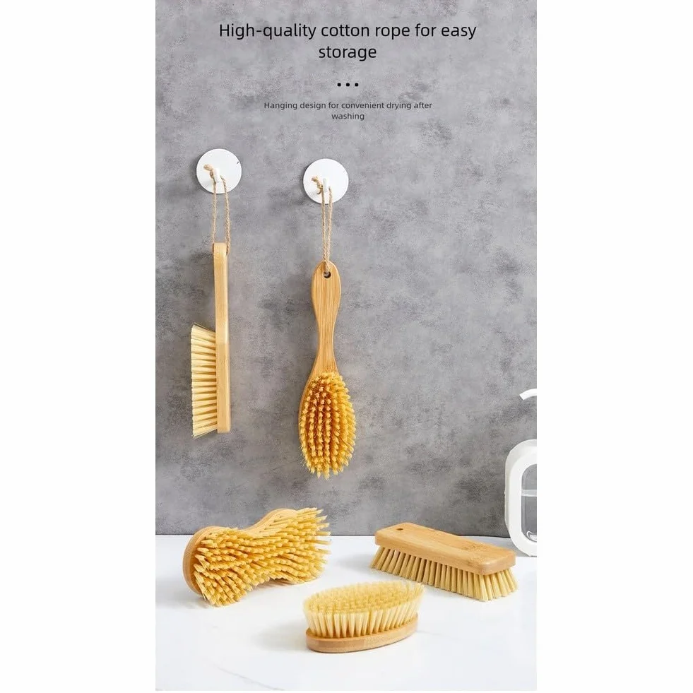 FACAIIO Juego de cepillos de lavandería con mango de madera y cerdas de PET para ropa, zapatos, limpieza del hogar, construcción de madera sostenible, diseño colgante para un fácil almacenamiento
