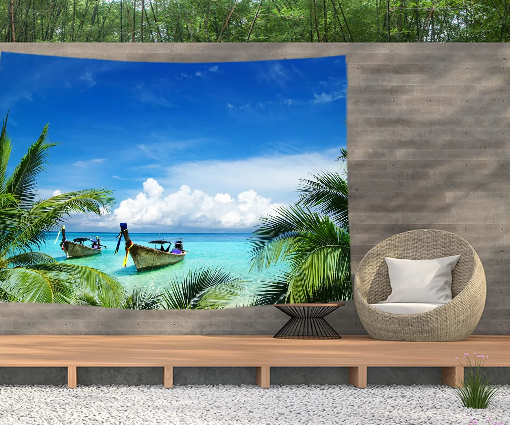 Ulticool – Playa mar barco palmera naturaleza – Tapiz mural póster – 200 x 150 cm – Póster de jardín – Gran tapiz de pared – Accesorio de decoración para jardín y salón
