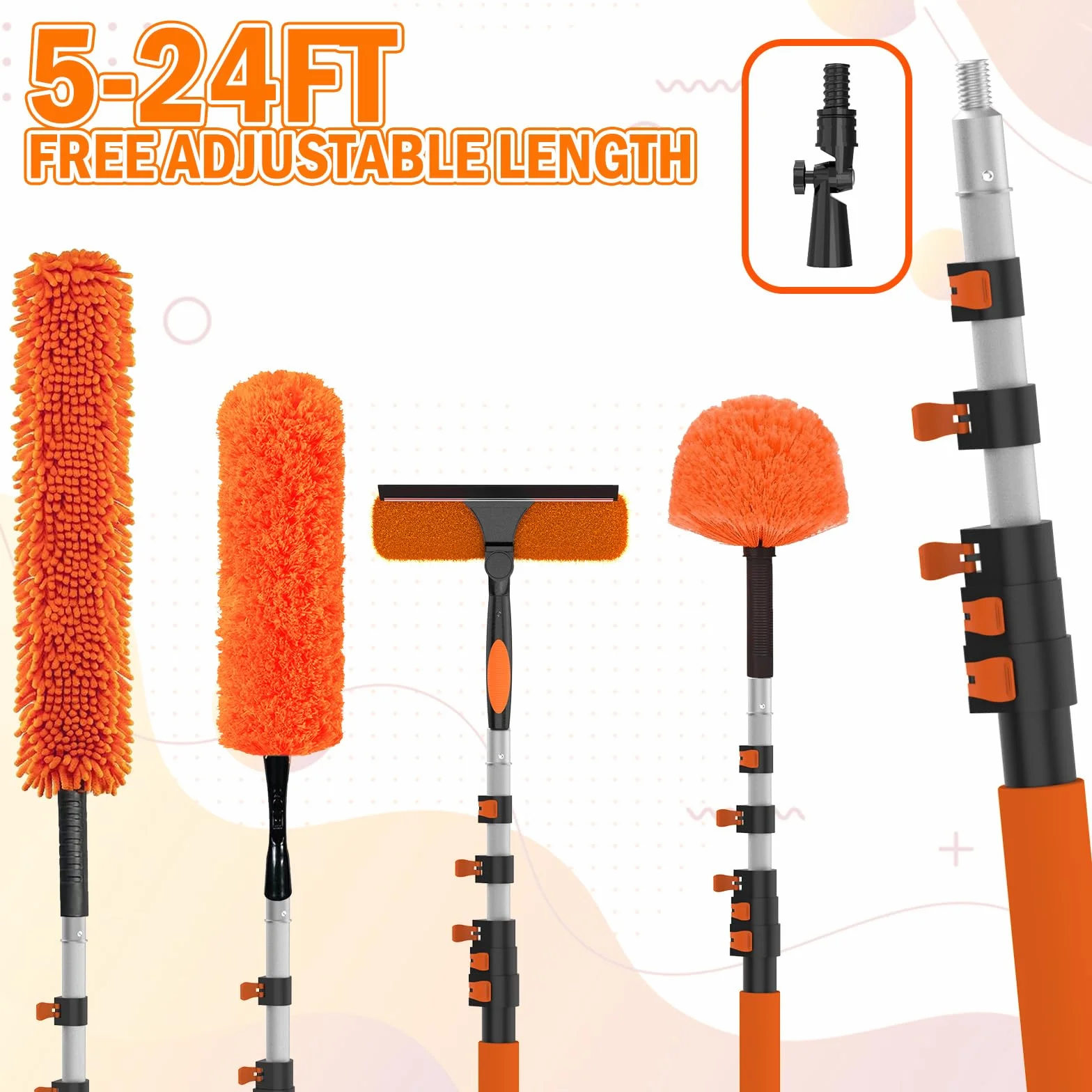 LAANPOLE Kit de Limpieza y Plumero de Gran Alcance 7,2m con Pértiga de Extensión, Herramienta para Limpiar Aspas de Ventilador de Techo, Kit de Limpieza de Cristales con Plumero