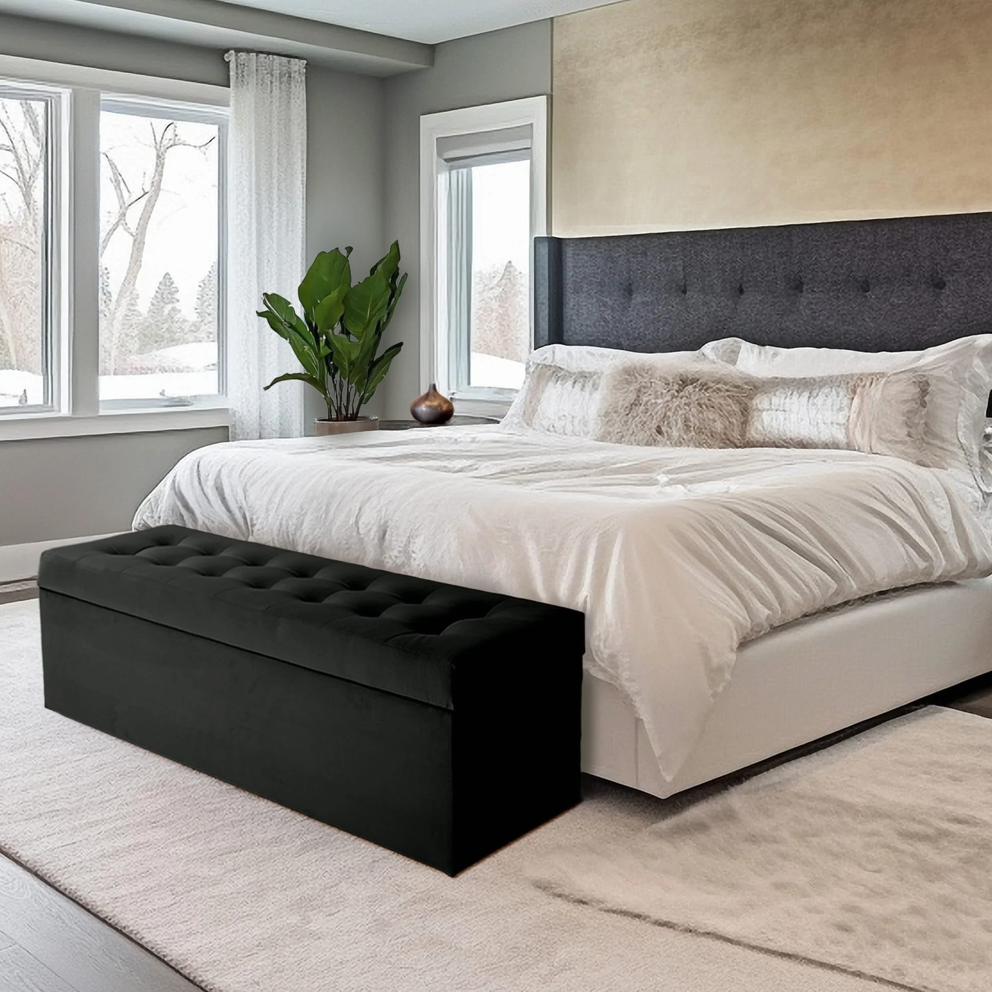MG Design Puf con almacenaje 45 × 120 cm Gris Oscuro – Banco tapizado con baúl Interno, Estructura de Madera hasta 300 kg, Superficie Lisa con Brillo Elegante, sin Montaje, fácil de Limpiar