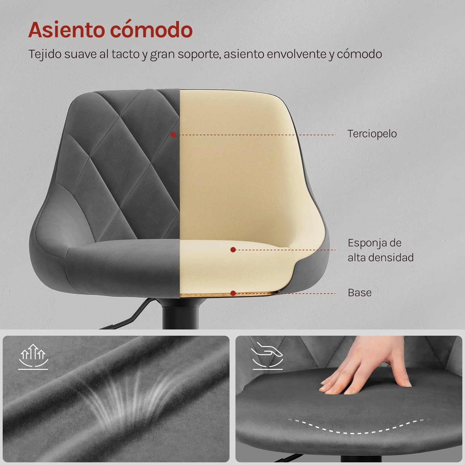 WOLTU 2X Taburete de Bar con Respaldo Terciopelo Regulable en Altura Gris Oscuro