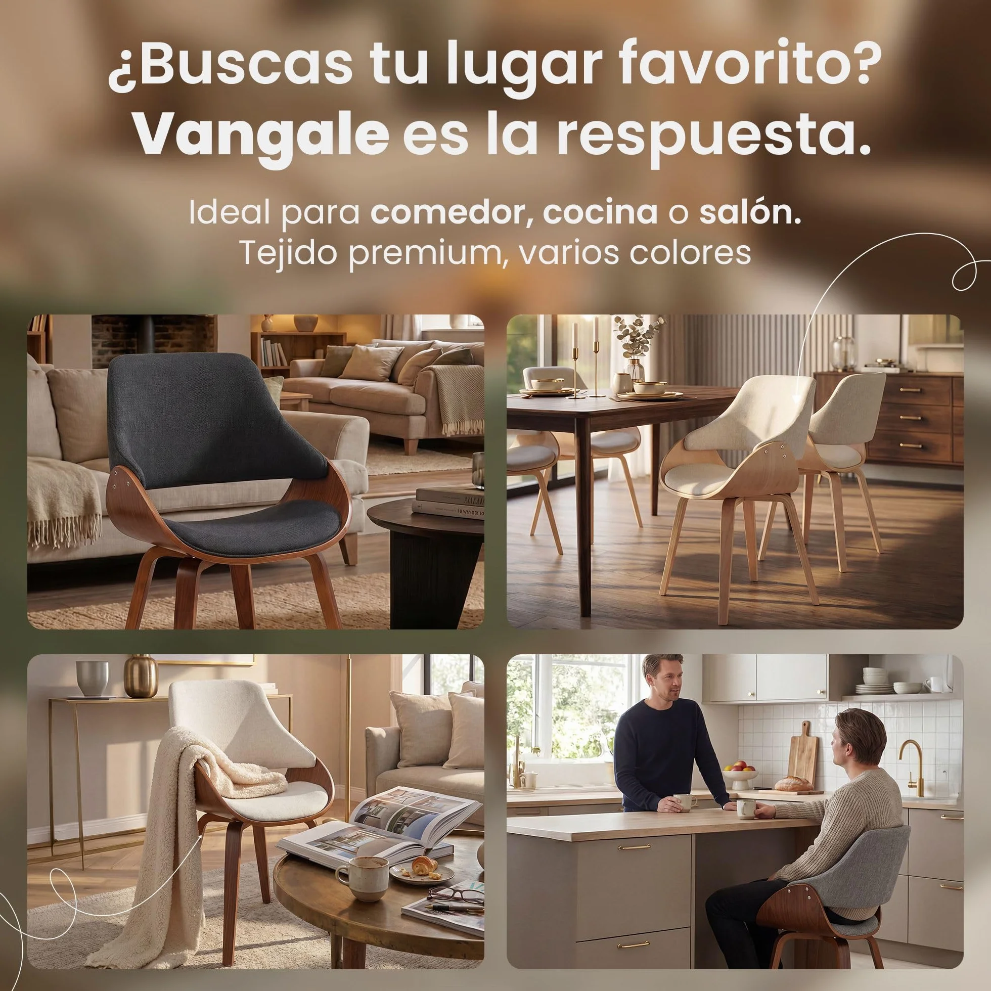 CLP Silla de Comedor Vangale Tapizada con Respaldo, Diseño Moderno con Estructura de Madera Curvada para Salón, Color:Nuez/Crema, Material:Tela