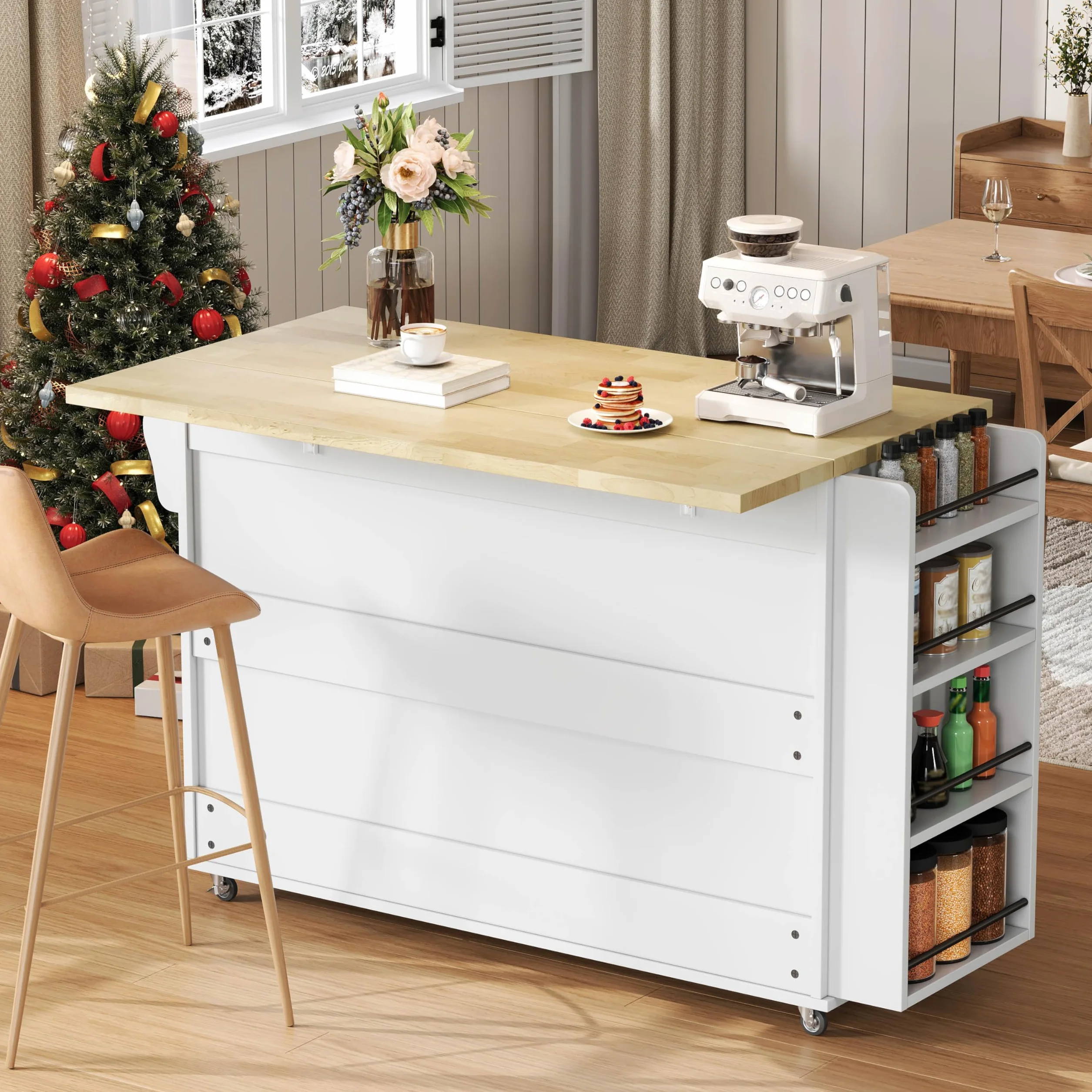 Isla de cocina con encimera, carrito de cocina independiente con 5 ruedas, armario de cocina con estante para especias y cajón, para cocina y comedor 120 x 45 x 90 cm (blanco)