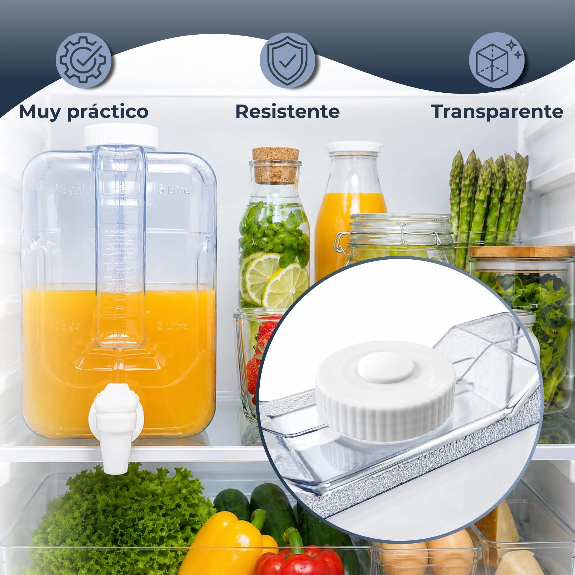 Dispensador de Agua Fria para Nevera, Dispensador de Bebidas de plástico, Ergonómico con asa, Plástico PETG Libre de Fugas, Libre BPA, Dimensiones 29 cm Largo x 20cm Alto x 12 cm Ancho, 5.7 litros