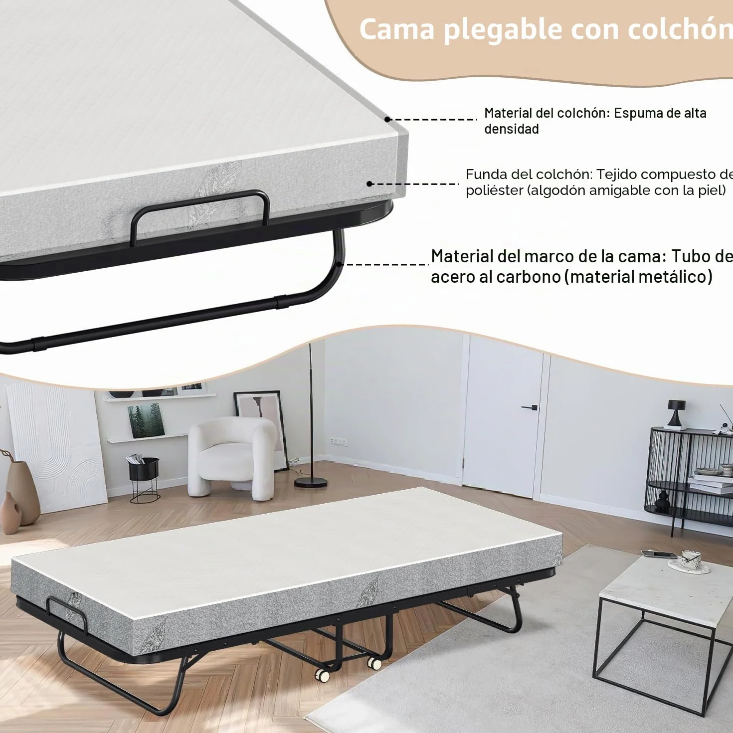 Cama plegable 90x200 cm con colchón de 13 cm, cama plegable para invitados para adultos, marco de metal estable, cama plegable con ruedas y funda protectora, cama de visita para ahorrar