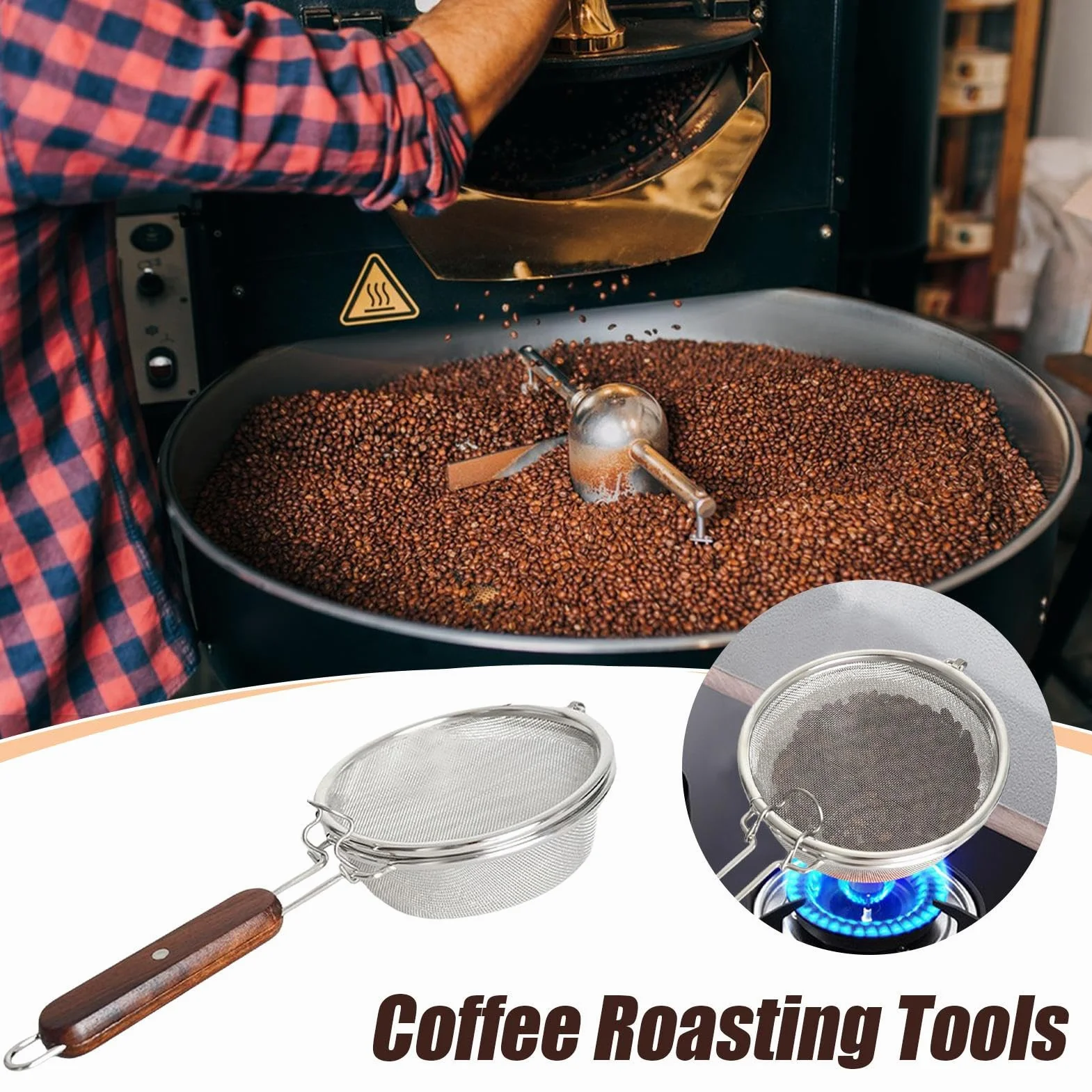Stainless Steel Coffee Bean Roaster Pan 5,55 Pulgadas Lightweight 185 g Wooden Handle for Home Café