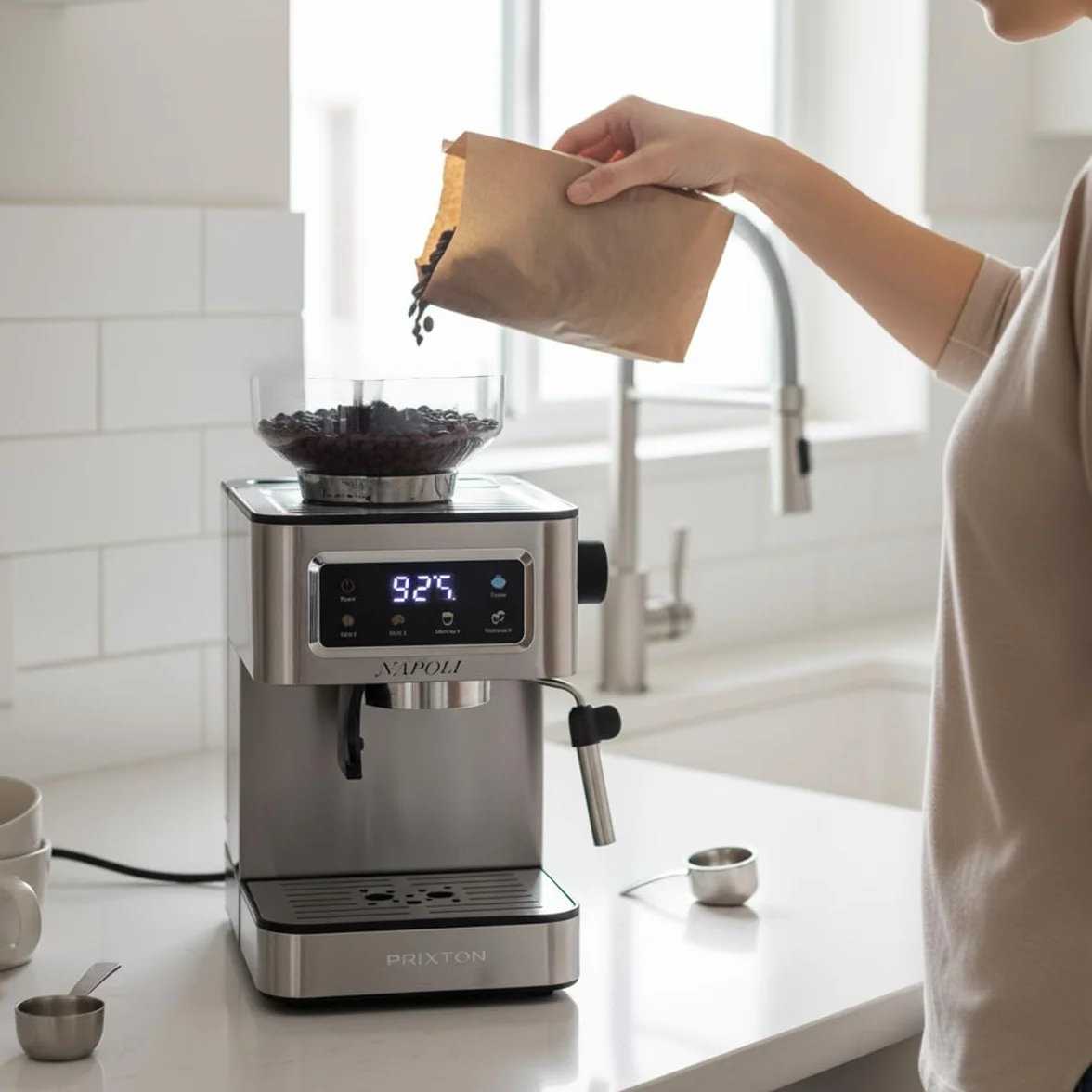 PRIXTON Cafetera Espresso Napoli con Molinillo Integrado 22 Niveles, 20 Bares, 1350W, Filtro de Doble Salida, Vaporizador ajustable, Compatible con Café en Grano, Molido y Cápsulas (Reacondicionado)