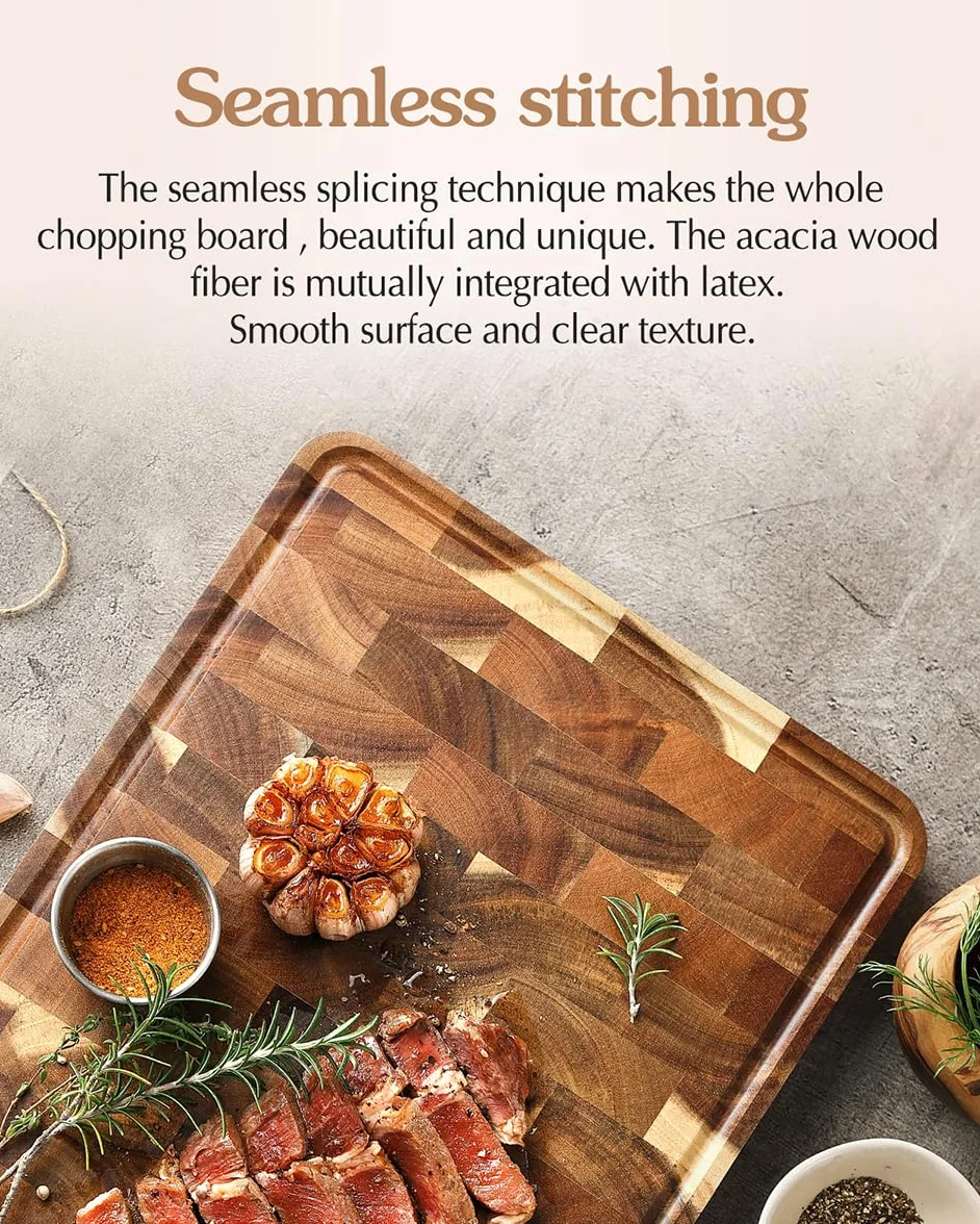 XINZUO Tabla de Cortar de Madera de Acacia- (35x25x2.6cm) Tabla de Cortar Cocina Hecha a Mano Trinchar Tabla de Carne- con Patas Antideslizantes, Asas Laterales y Ranura para Jugos