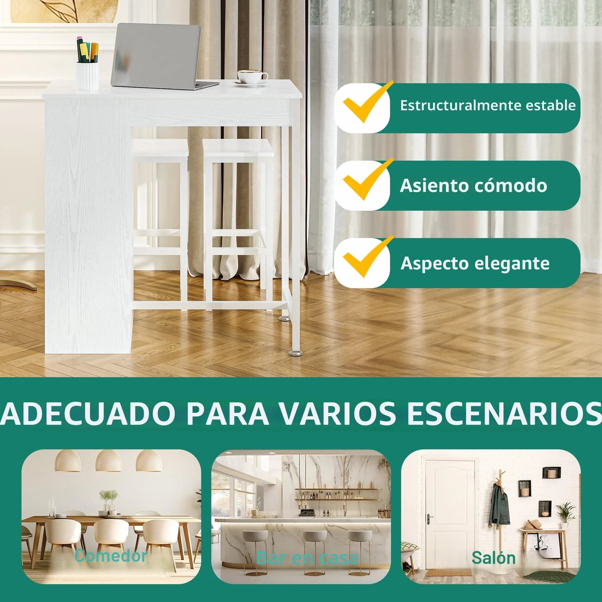 YITAHOME Juego de Mesa de Bar con taburetes de Bar, Mesa de Bar de 3 Piezas, Mesa de Comedor con 2 taburetes, 3 estantes, Taburete de Bar con Marco de Metal, Blanco