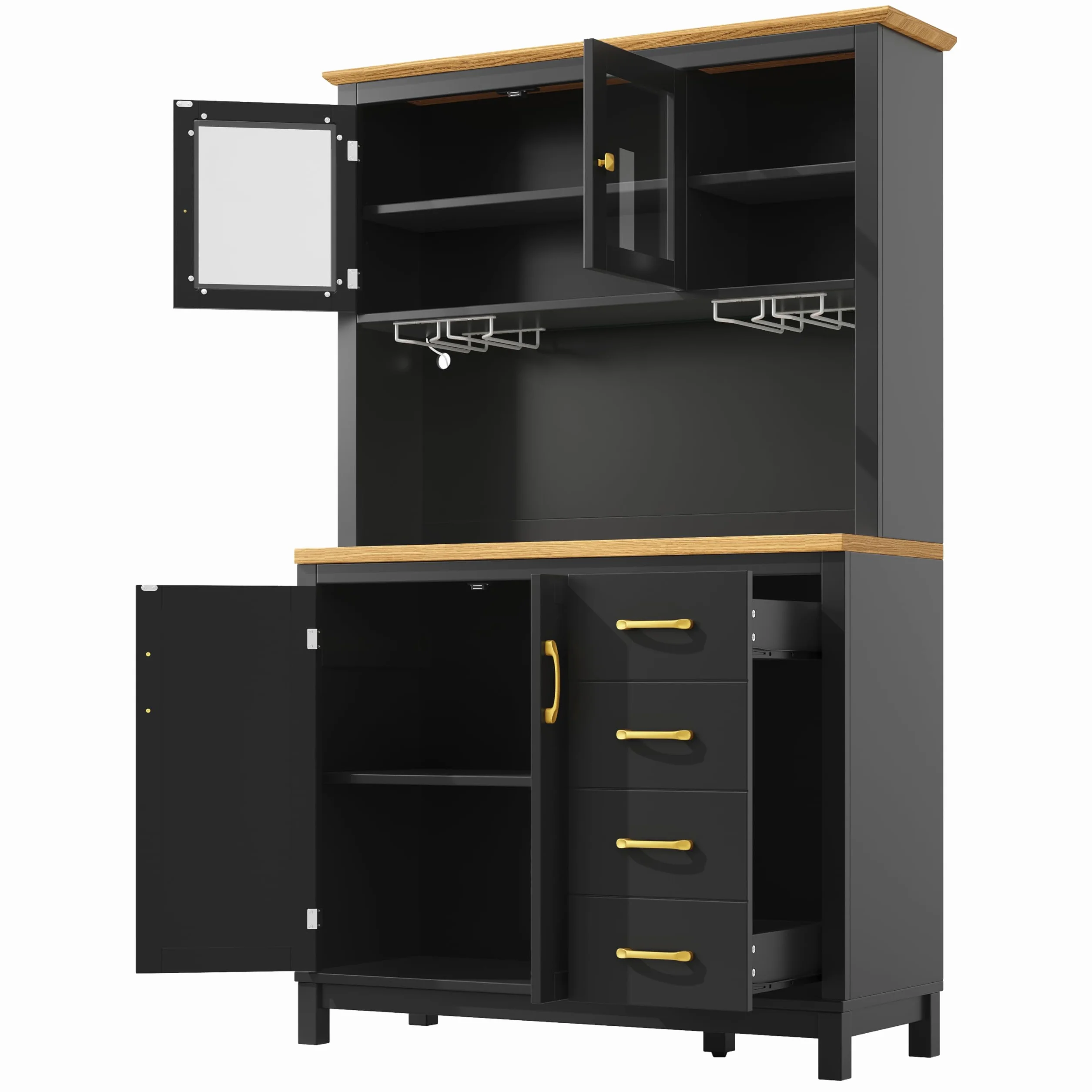 Armario Cocina Alto con Luz LED y Almacenaje, Aparador Cocina con Cajón y 4 Puertas, Mueble Aparadores Alacena de Cocina Despensa con Portavasos y Dispositivo Antivuelco, 105.5x40x180 cm, Negro