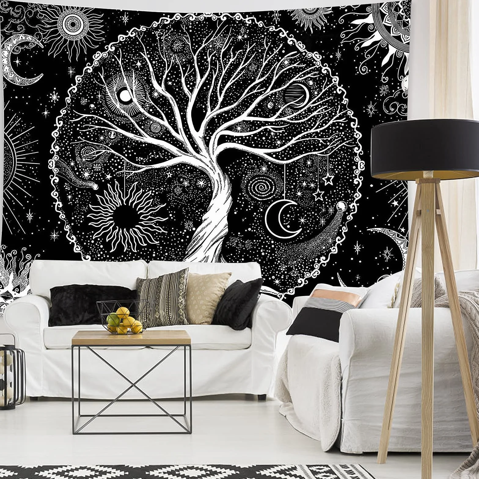 BOZILY Tapiz de pared Árbol de la Vida Blanco y Negro Fases Luna 150x200 cm