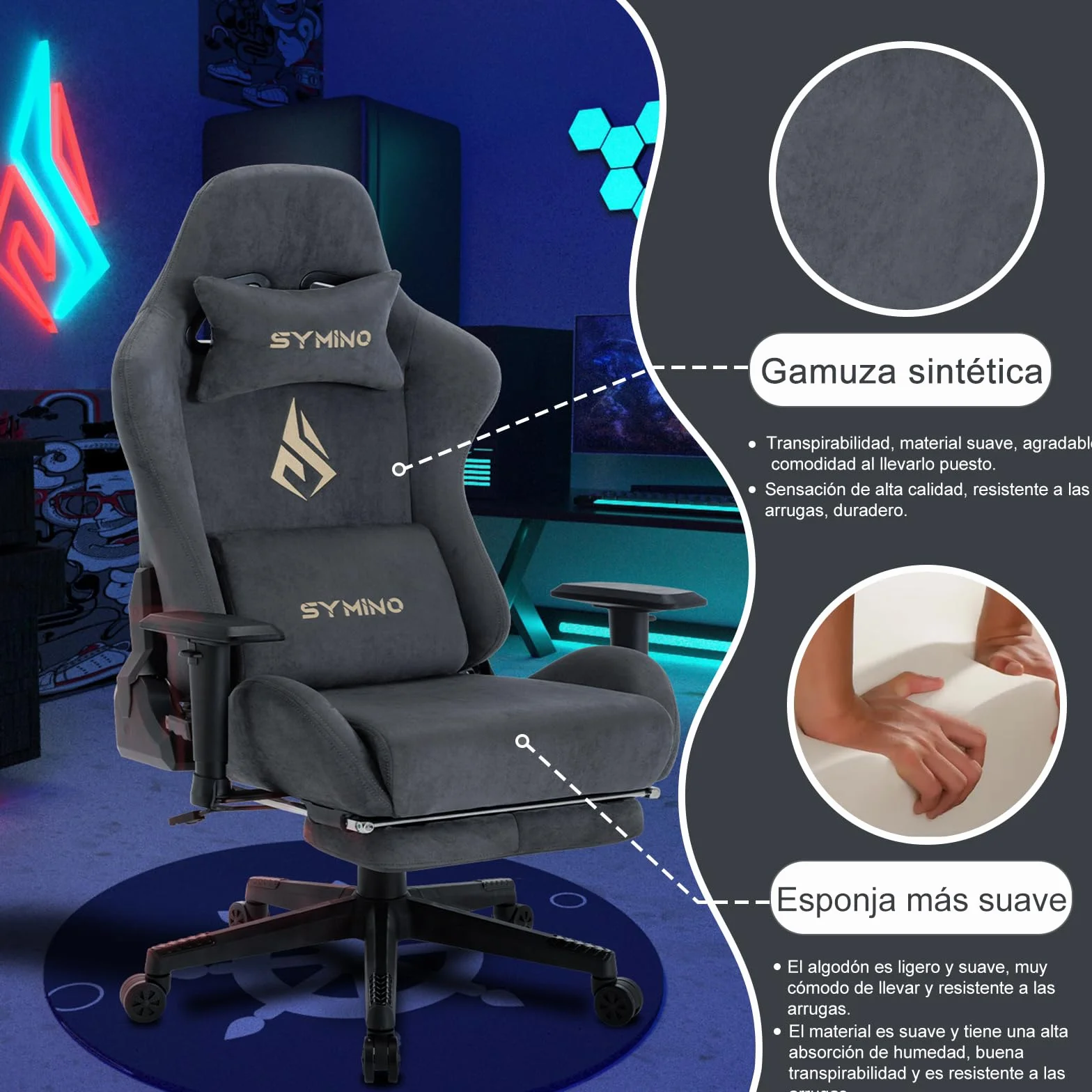 Symino Silla Gaming Ergonómica Reclinable con Reposapiés Ajustable, Soporte Lumbar y Reposacabezas Regulable, Altura Ajustable para Adultos hasta 200kg (Gamuza Artificial,Grey)