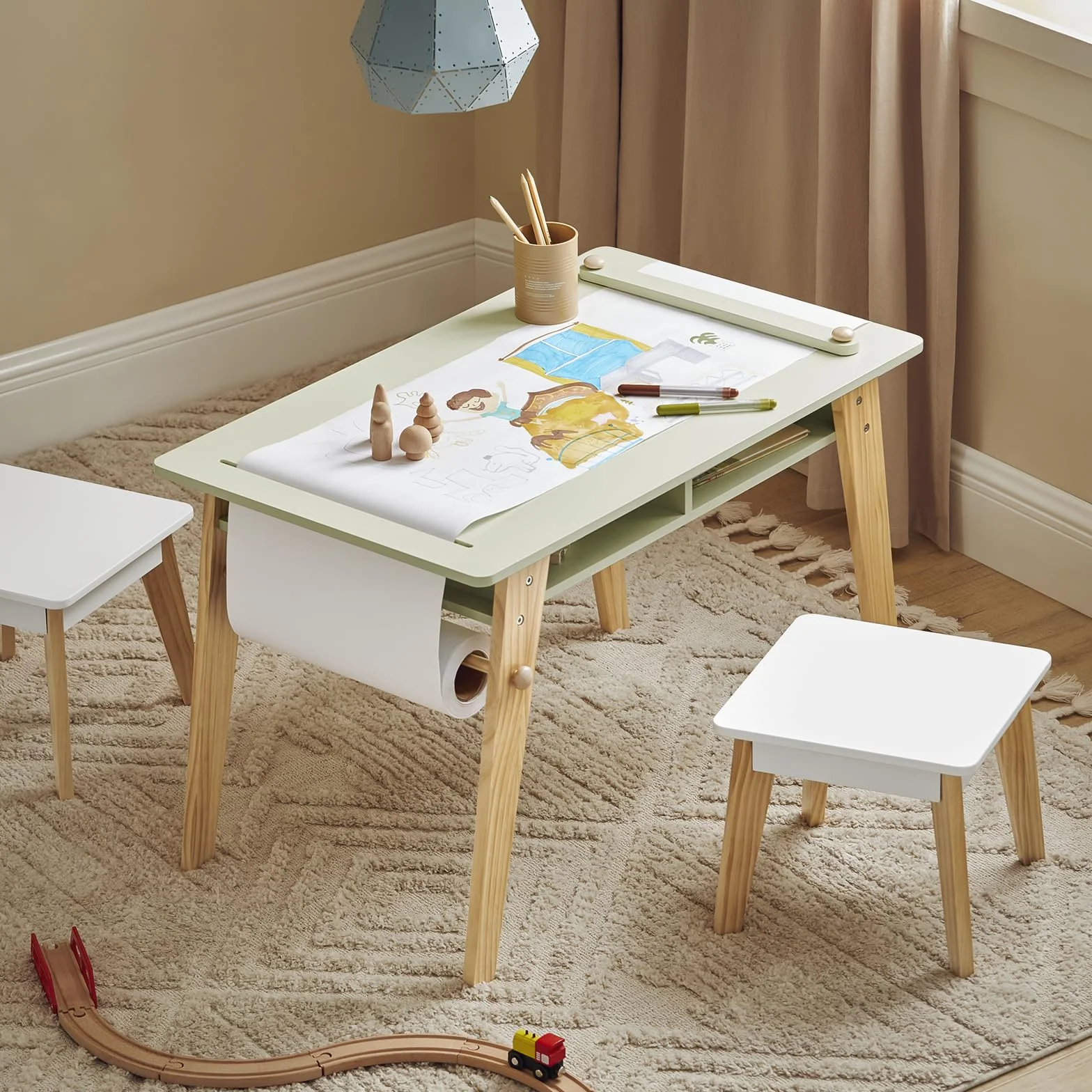 SoBuy KMB92-GR Mesa Infantil con 2 Taburetes Escritorio Infantil Blanco Madera y Verde