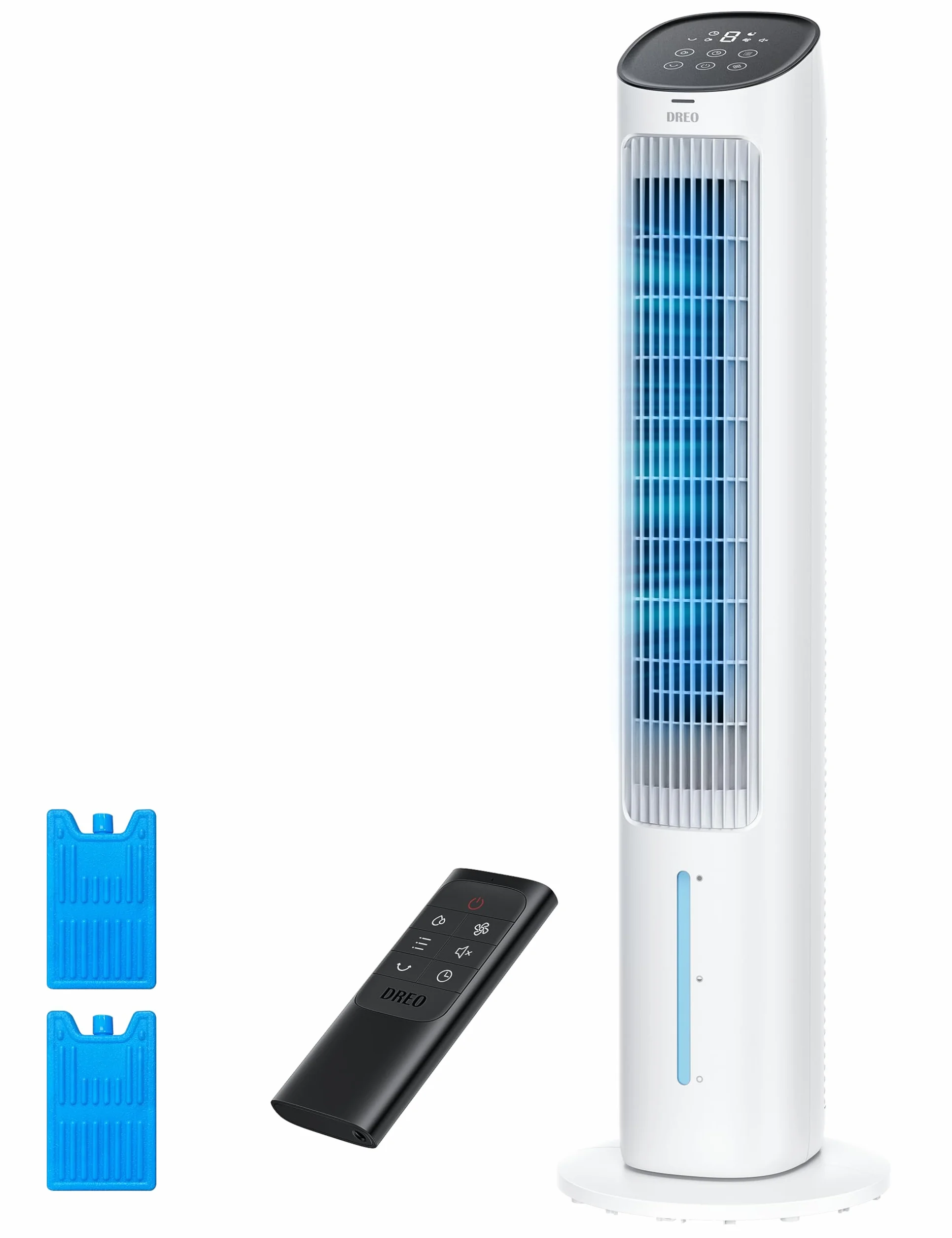 DREO Ventilador de Torre con Refrigeración, ventilador silencioso con enfriamiento por agua, enfriador evaporativo de 40 pulgadas, oscilación 80°, 3 modos, 4 velocidades, mando a distancia