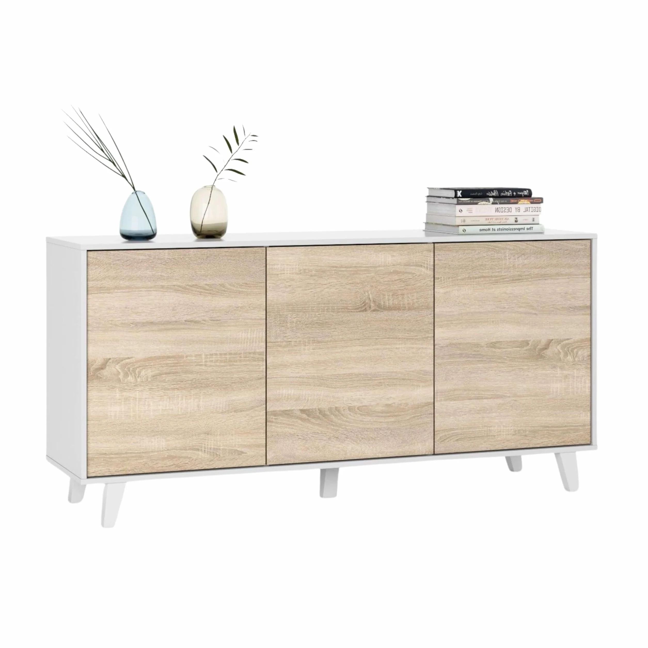 Habitdesign – Aparador Buffet 3 Puertas para Salón o Comedor, Aparador con Patas, Color Blanco Brillo y Roble Canadian, 154x41x75 cm - Zaiken Plus