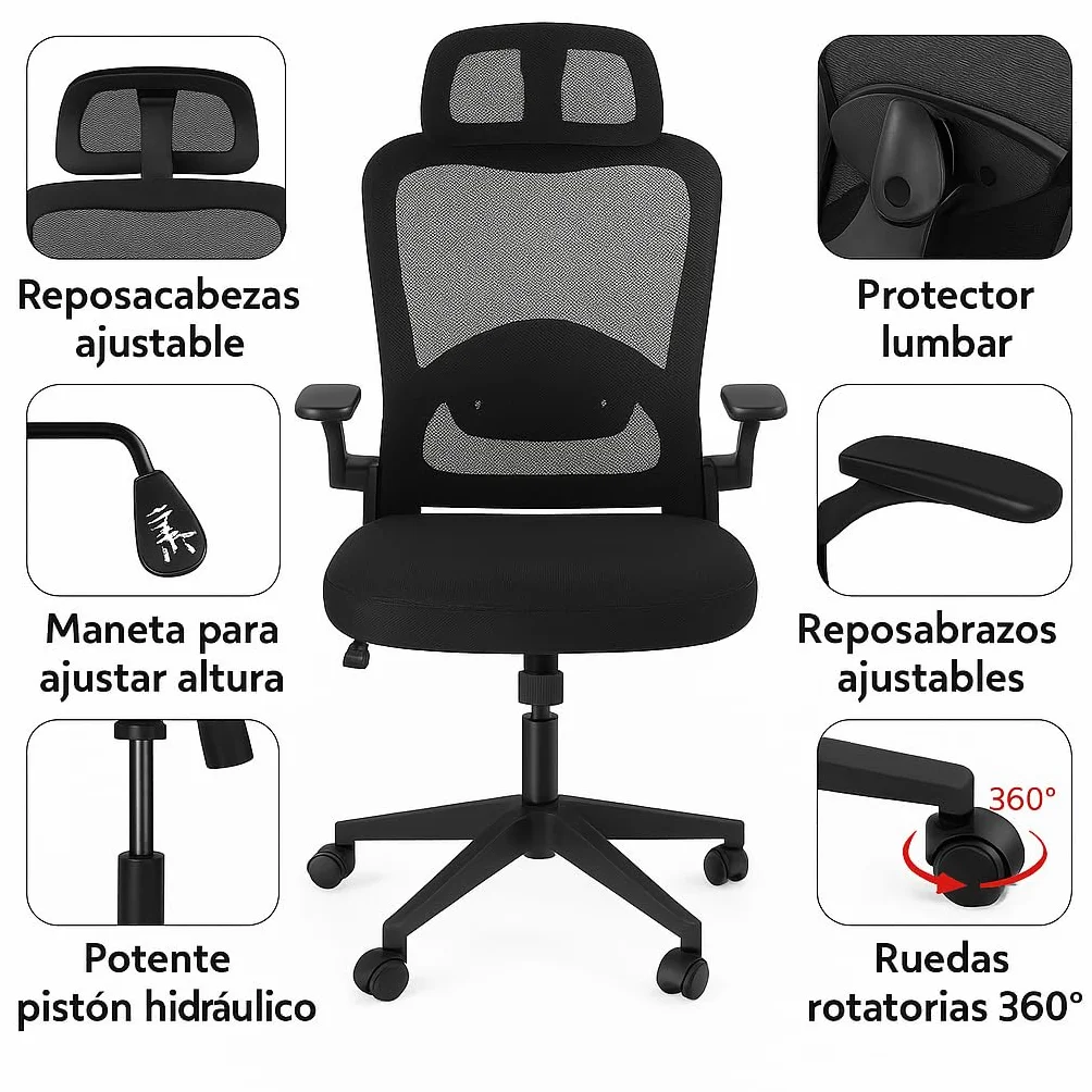 Silla de Oficina Ergonómica Giratoria con Ruedas, Malla Transpirable, Reposacabezas y Apoyabrazos Ajustable