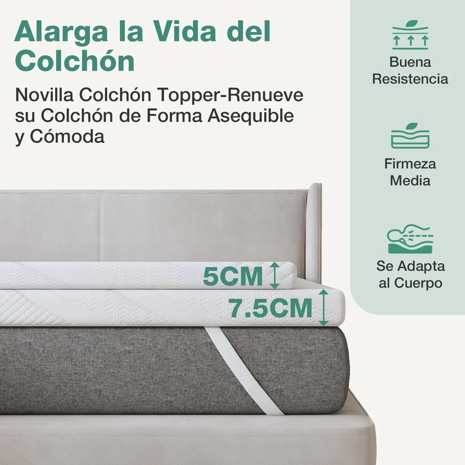 Novilla Topper Viscoelástico 150x190 7,5 cm Sobrecolchón Espuma Memoria Gel Cubrecolchón Funda Transpirable Lavable Blanco