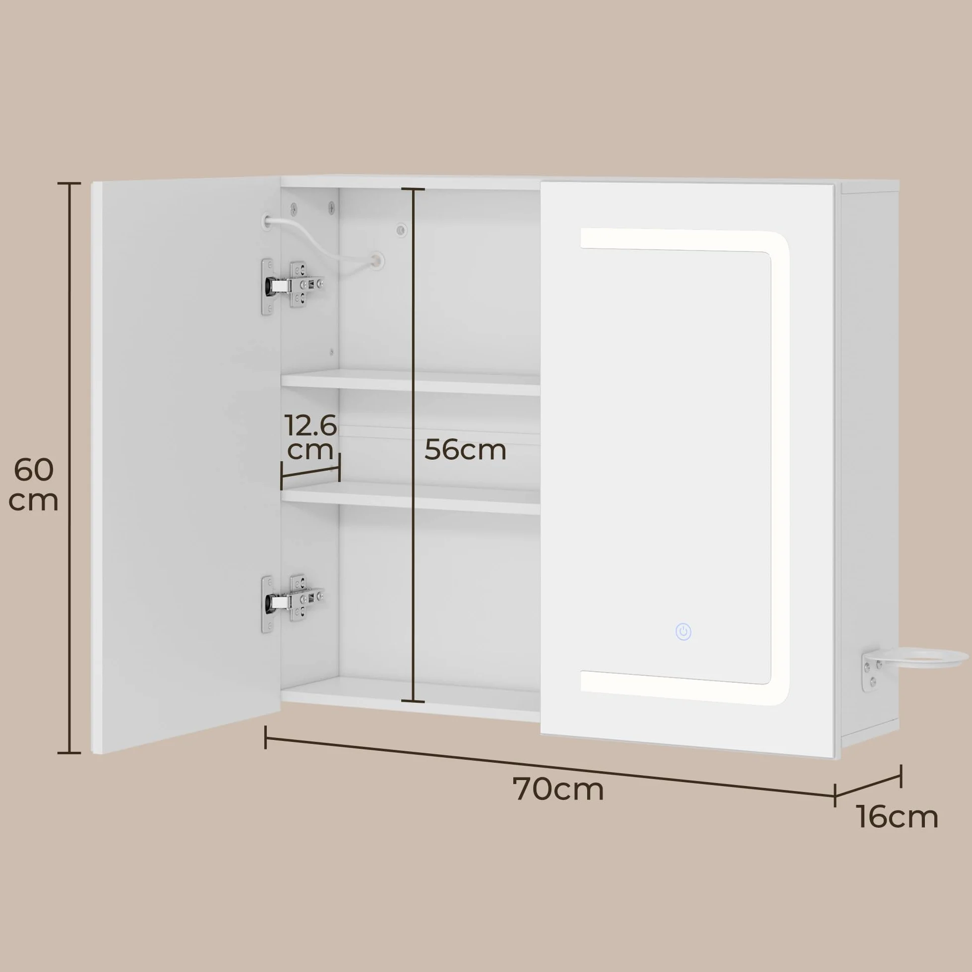 Armario Espejo Baño con Luz LED Puerto USB 70x16x60cm Blanco