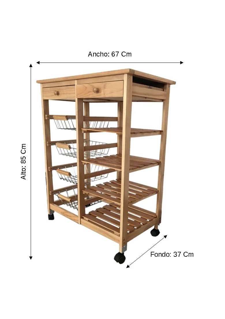 Verdulero frutero Doble, Carrito de Cocina 4 cestas 4 baldas y 2 cajones 85cm Alto x 67cm Ancho x 37cm Fondo Color Miel