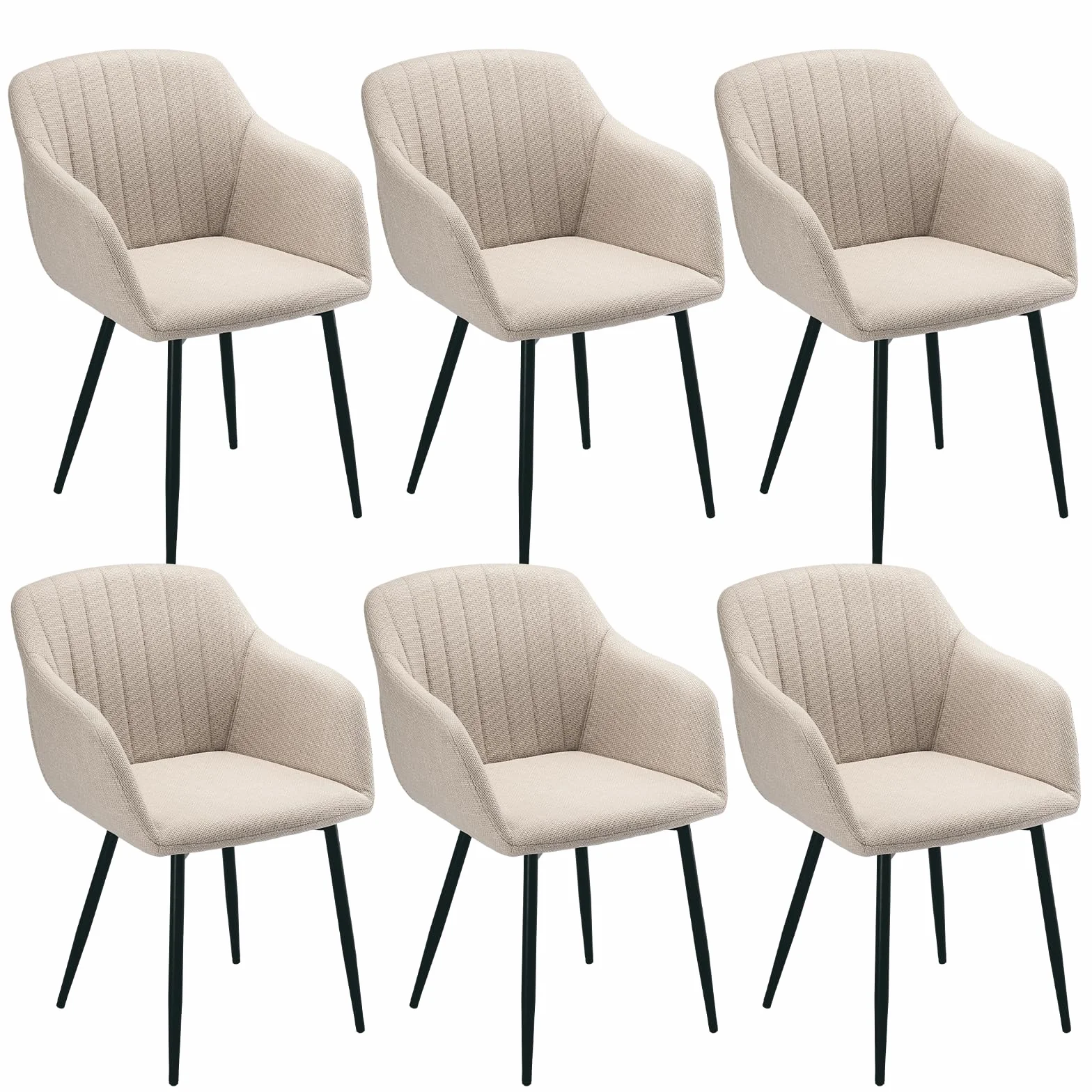 Juego de 6 Silla de Comedor Beige con Reposabrazos, Silla Tapizada en Lino con Patas Metálicas, Estilo Moderno, Unidad Individual para Comedor Salón