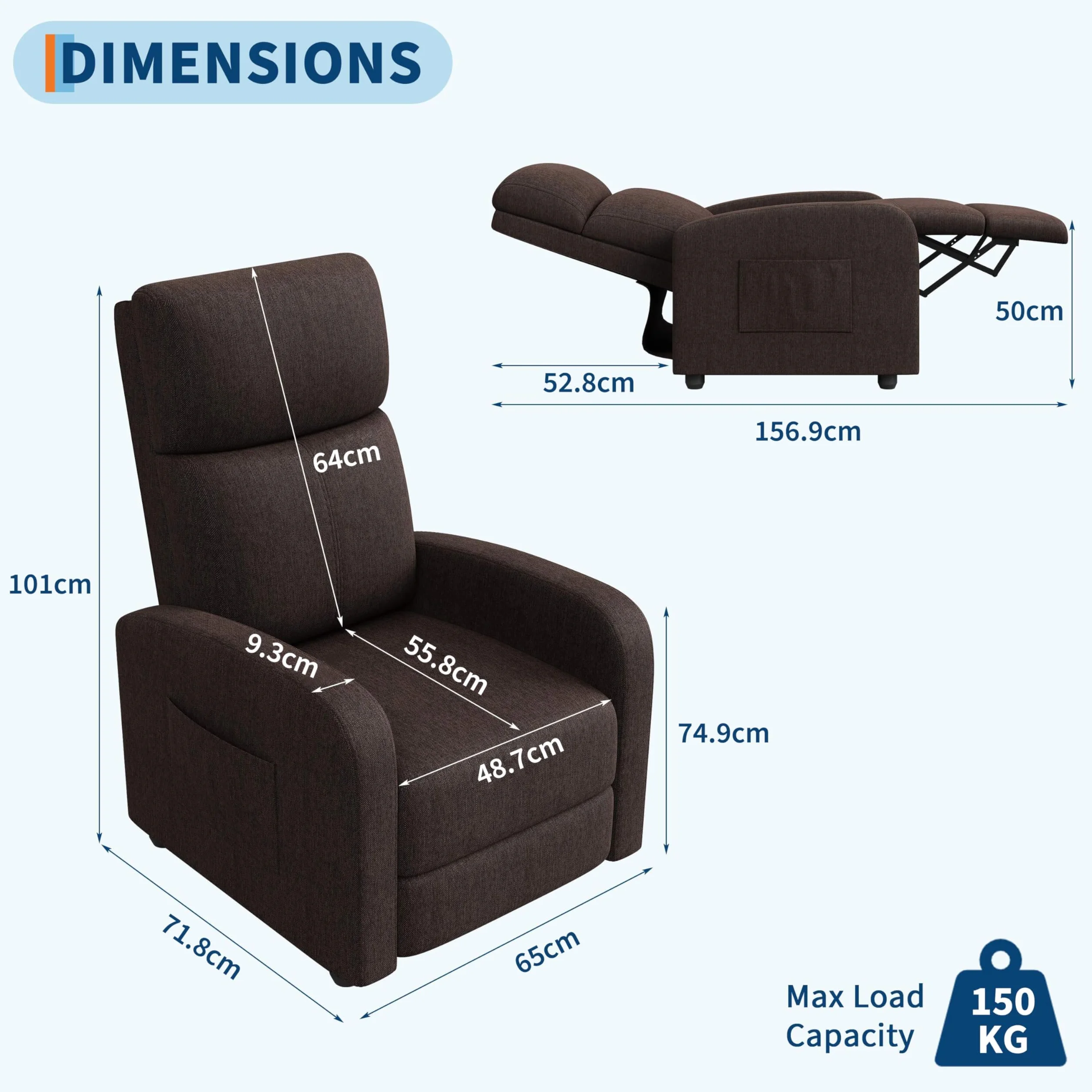 Sillón Relax Reclinable Compacto, Apertura Push Manual con Reposapiés, Posición Cero hasta 160º, Carga Máxima 136 kg, 49×72×101 cm, Marrón