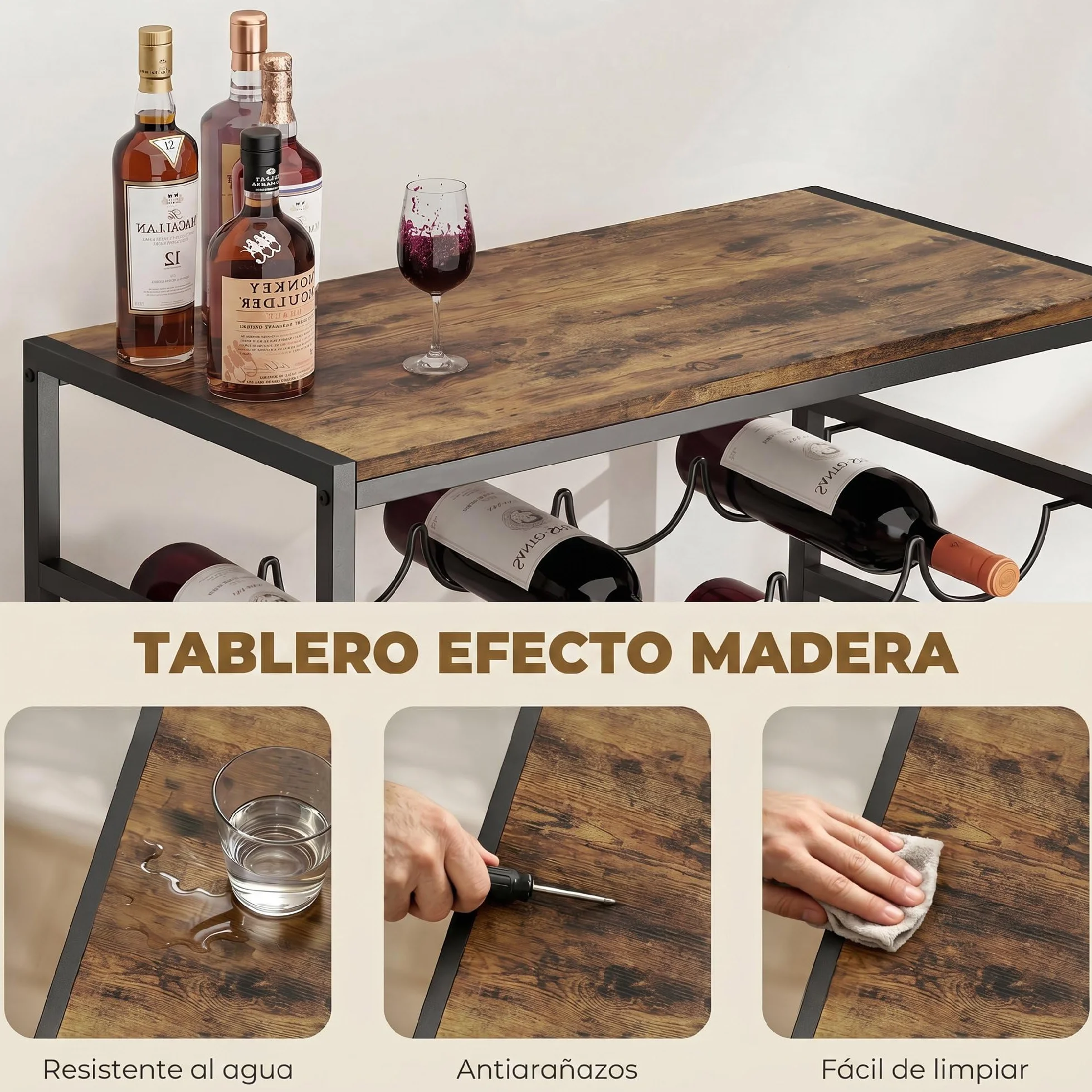 HOMCOM Botellero para 30 Botellas, Botellero para Vino de 6 Niveles con Encimera de Efecto Madera, Estilo Industrial, para Cocina, Comedor, Bar, 59x30x88,5 cm, Marrón Rústico