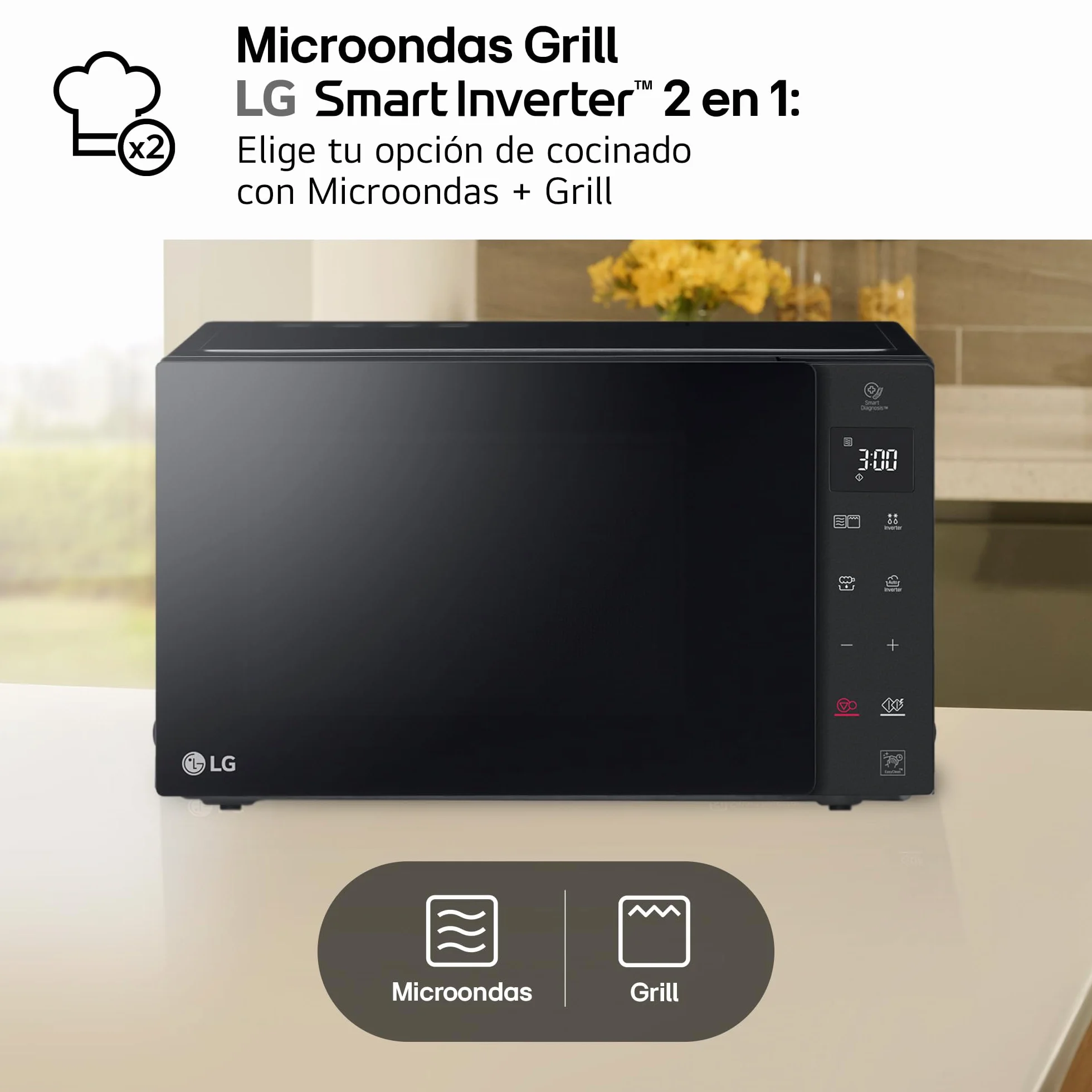 LG MH7235GPS - Microondas con Grill 2 en 1, 32L, Smart Inverter 1200 W, Panel Táctil y Giratorio, Cocina Rápida y Uniforme, Display LED, Easy Clan, Ahorro Energético, Negro