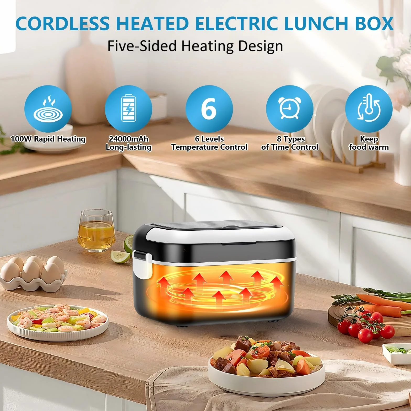 G-STORY Fiambrera Electrica 27000mAh Calentador de Comida Portatil 1,5L Lunch Box, con temporizador y control de temperatura, para oficina, camión y exteriores