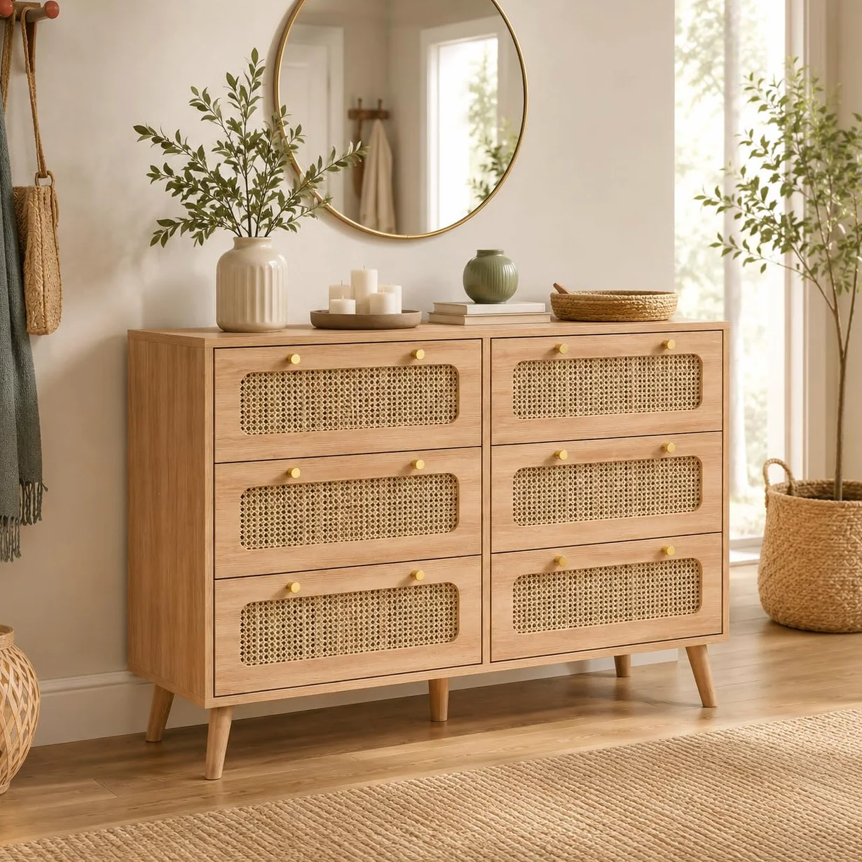 Cómoda de 6 cajones de Madera, Estilo nórdico, cómoda de Almacenamiento con Paneles de ratán, cómoda de Dormitorio Adulto, Color Madera Natural, 100x34x73 cm