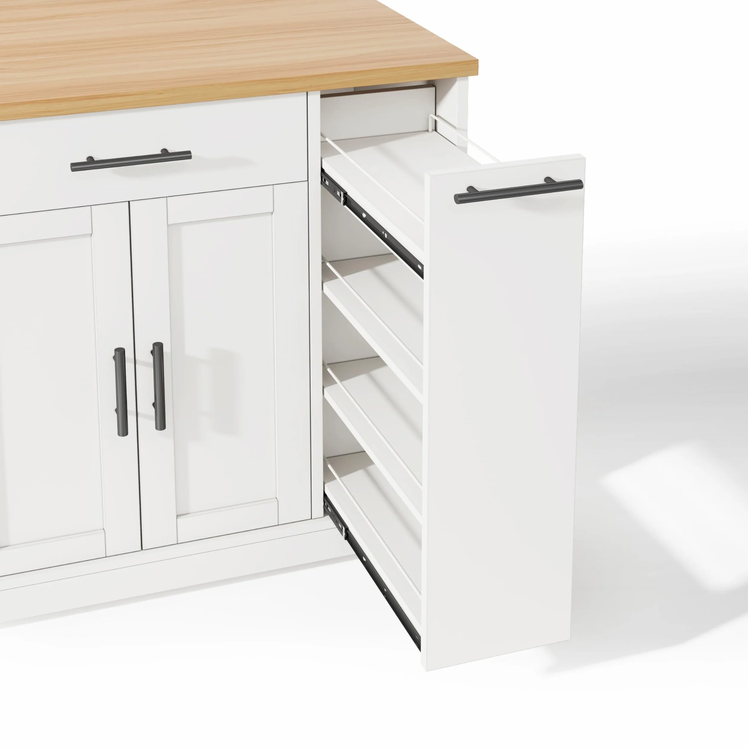Isla de cocina con encimera plegable, armario de basura y ruedas con bloqueo, estante para especias de 4 niveles, 2 cajones, 120 × 45 (70) × 93 cm, color blanco