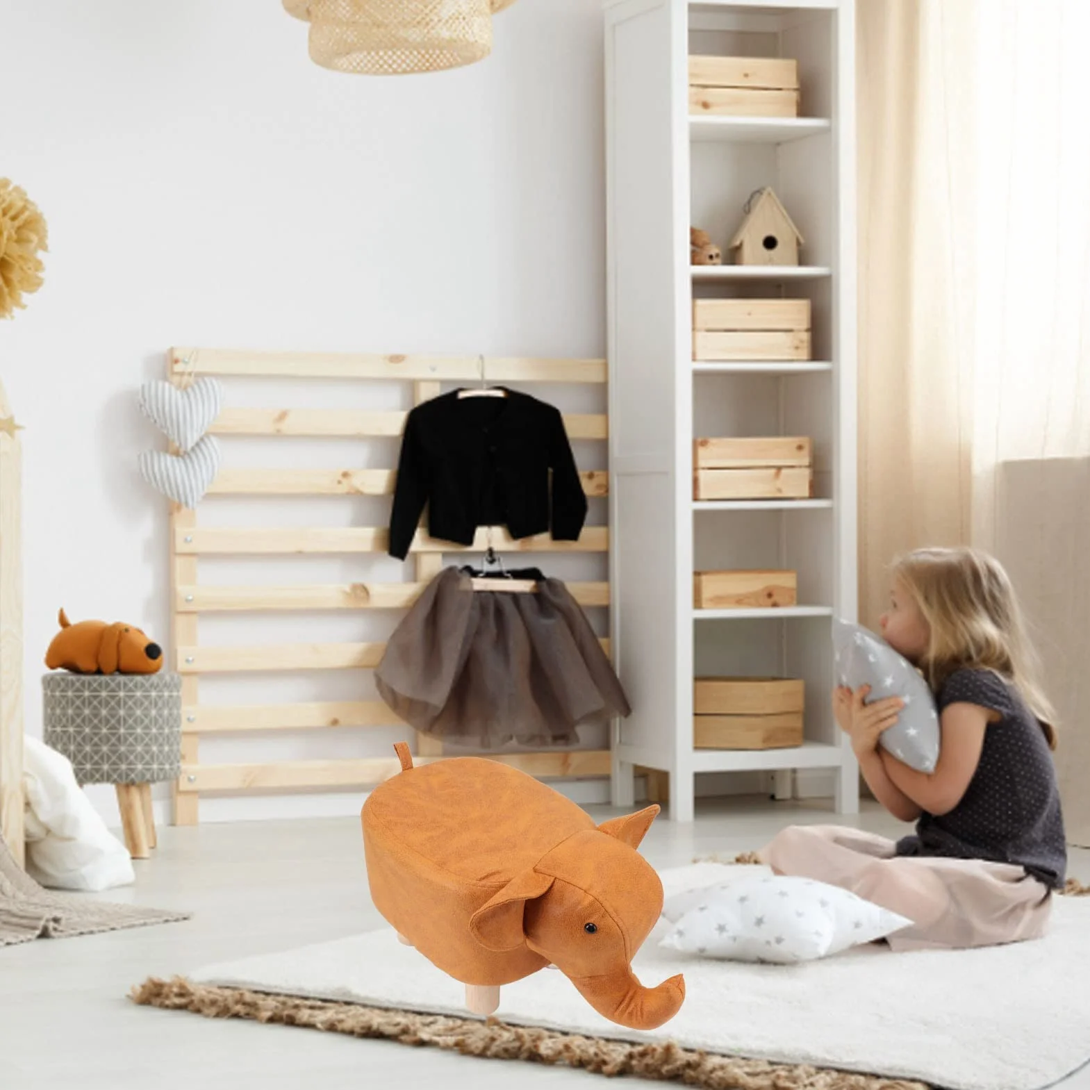 Taburete Tapizado Forma de Elefante Antideslizante para Guardería Dormitorio Sala de Juegos Naranja
