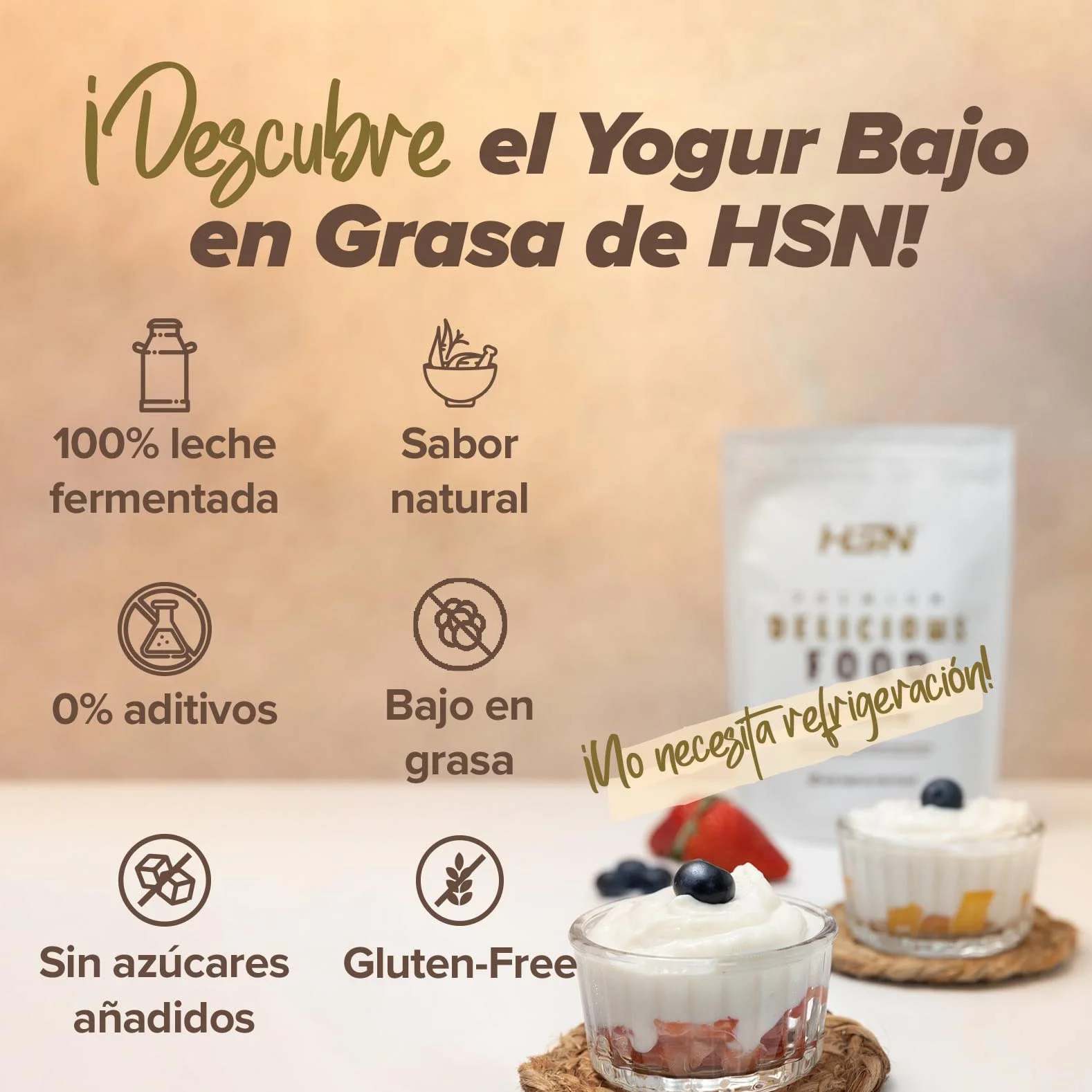Yogur Bajo en Grasa en Polvo HSN Sabor Natural 500 g 50 Tomas No-GMO Vegetariano Sin Gluten