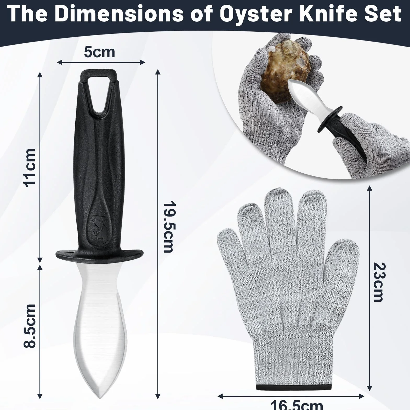 Bestdin juego de cuchillos para ostras, cuchillo para ostras de 2 piezas con 2 pares de guantes, abridor de ostras de acero inoxidable con mango ergonómico