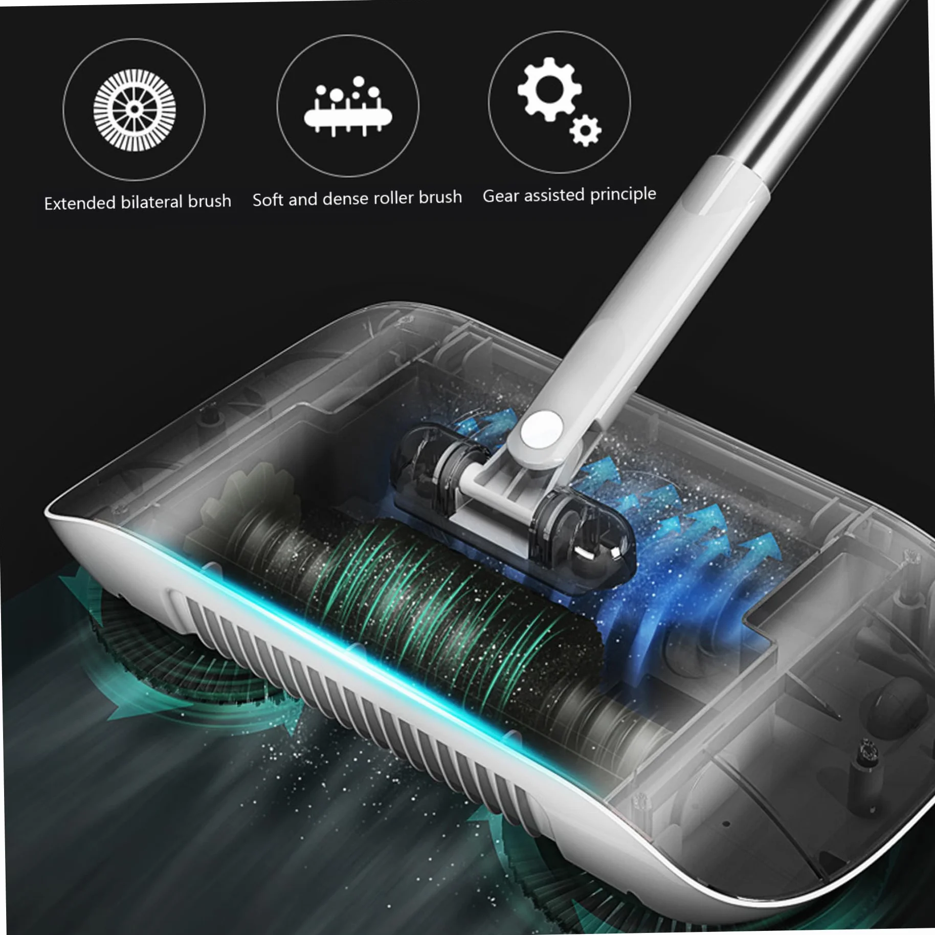 Barredora de vacío Manual, barredora de Piso no eléctrico de aspiración giratoria de 180 Grados, barredora Manual de 2 en 1 para alfombras y Pisos (Azul)