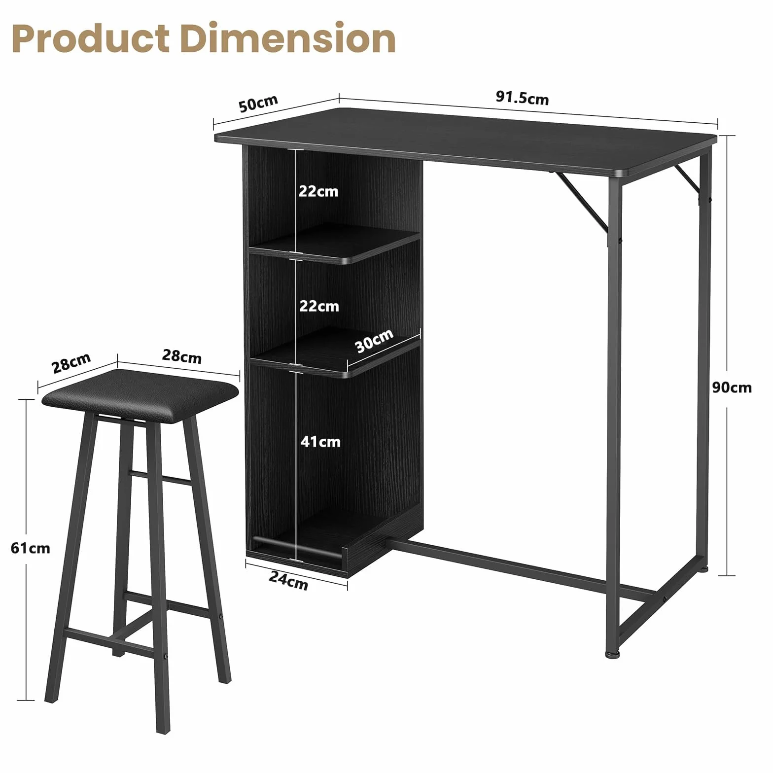 Garvee Conjunto de Bar Industrial 3 Piezas con 3 estantes – Mesa y 2 taburetes, Soporte para Copas – Ideal para Cocina o Comedor pequeño – Negro con Estructura y cojín Negros