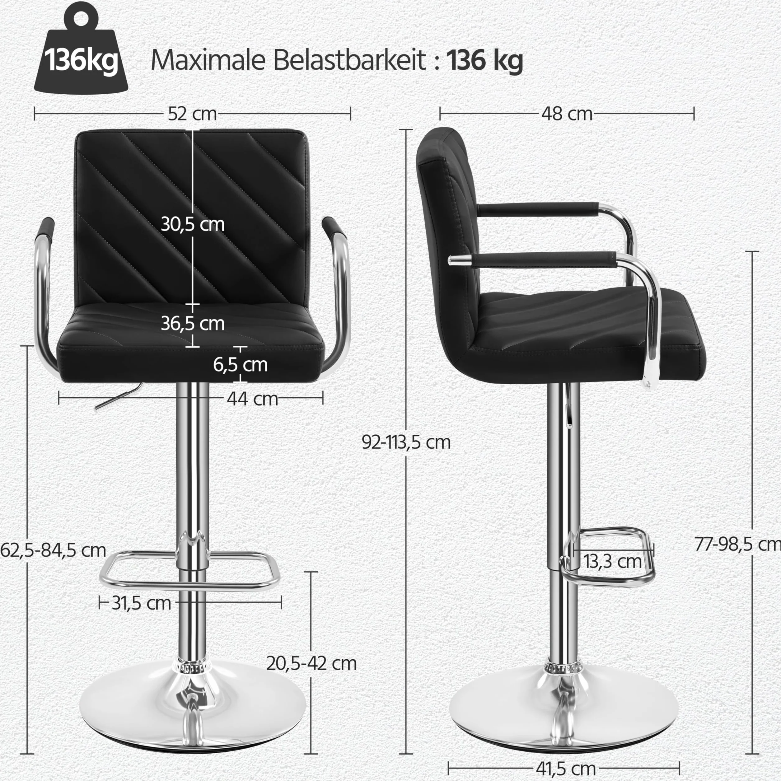 Yaheetech Juego de 2 Taburetes de Bar de Polipiel Sillas de Bar Giratorias de Altura Ajustable con Respaldo Reposapiés Reposabrazos para Bar Cocina Hogar Negro