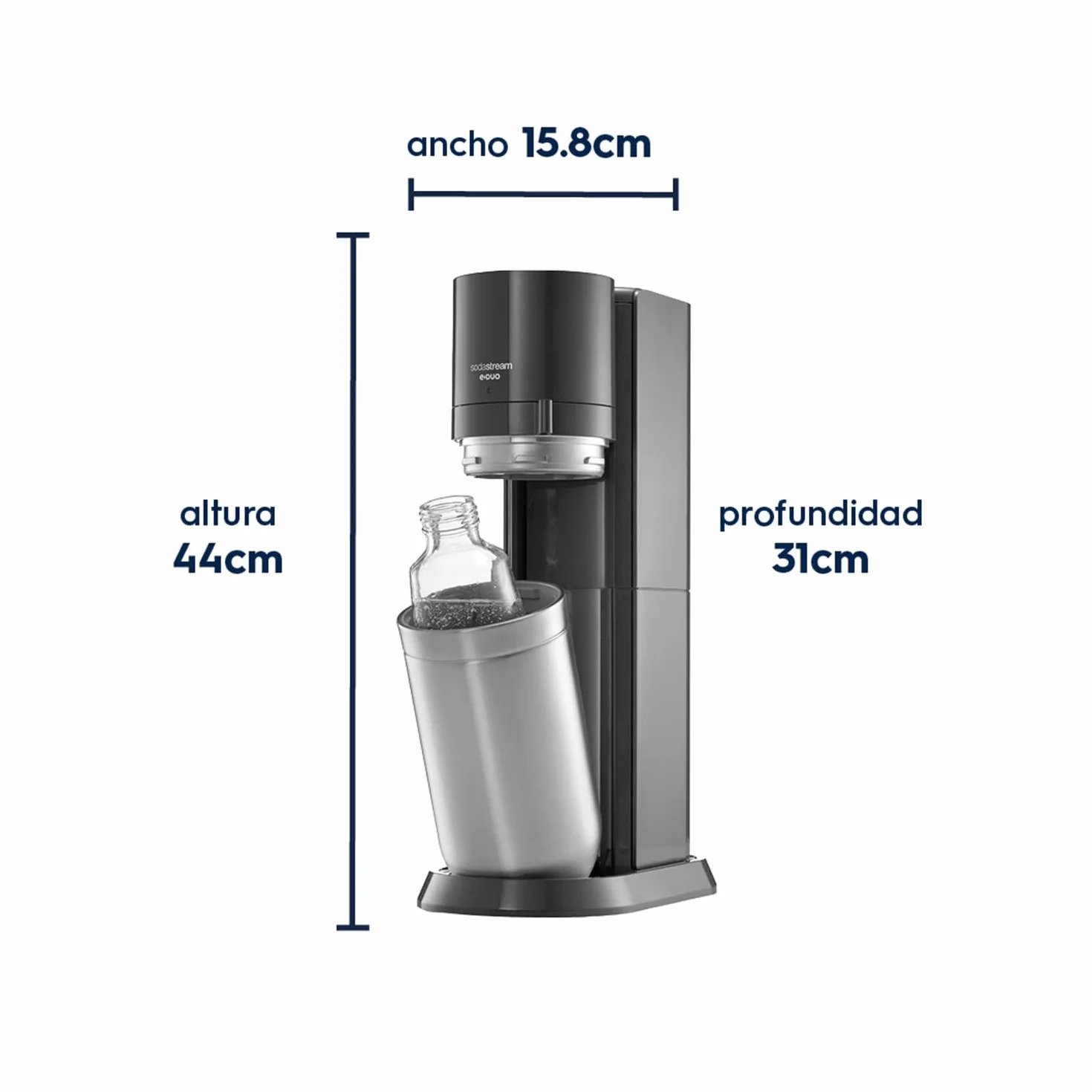 Duo gasificador de agua negro con cilindro para 60L, 2 botellas de plástico 1L, 2 botellas de cristal 1L