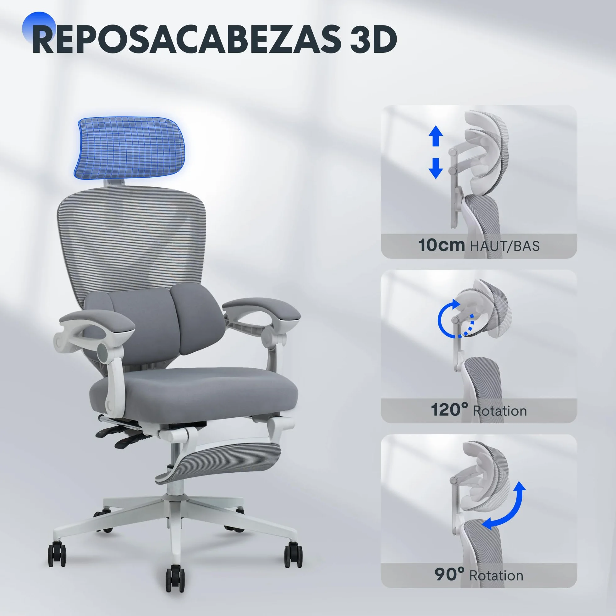 FLEXISPOT OC4 Silla Ergonomica Escritorio con Reposapiés, Silla Escritorio con Soporte Lumbar 3 Zonas, Reclinable 135°, Cojín Transpirable, Altura Ajustable, Ideal Oficina y Teletrabajo, Gris