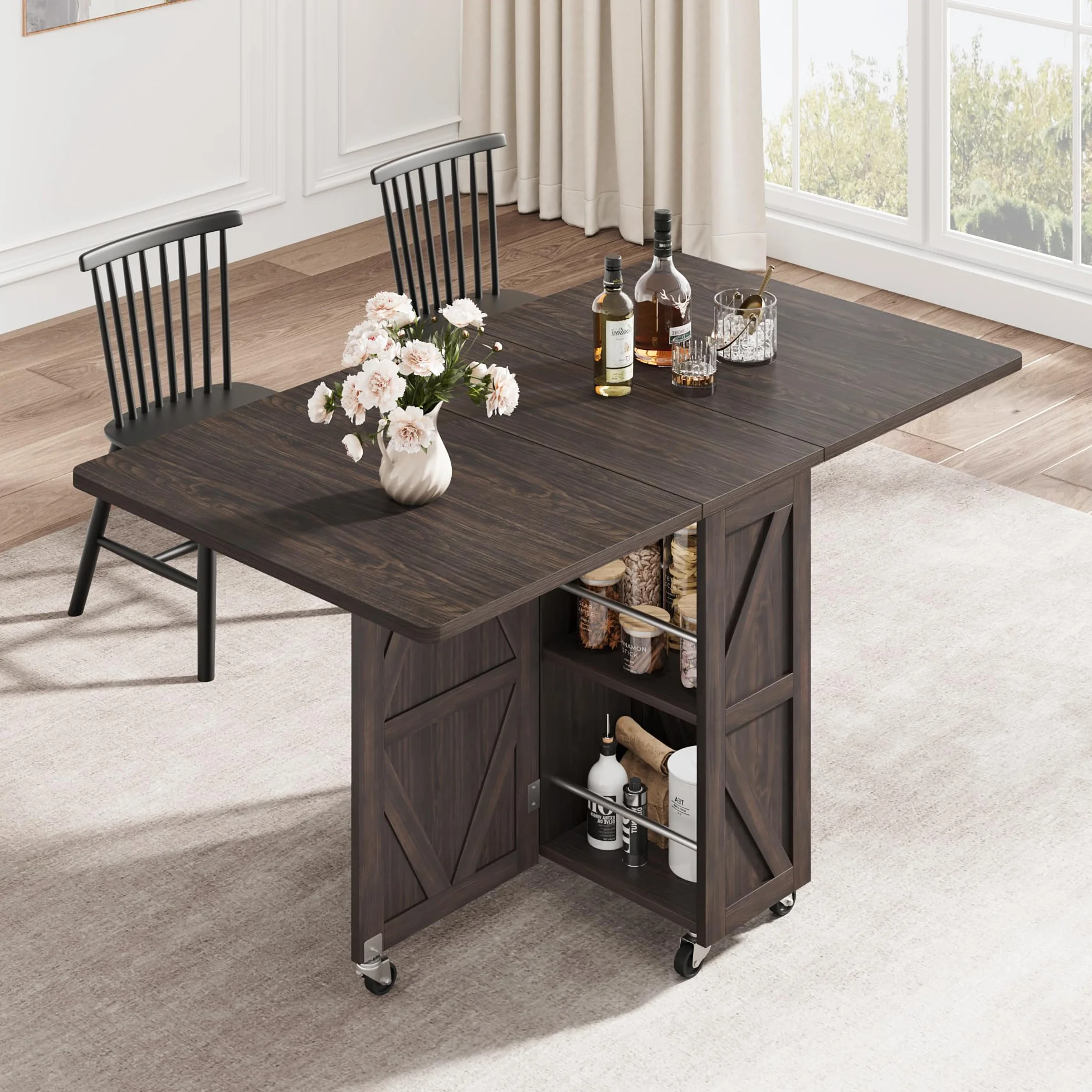 Jocoevol Mesa De Comedor Plegable con Ruedas, Mesa De Cocina con 1 Cajón Y 2 Áreas De Almacenamiento, Adecuada para 2-4 Personnas, para Espacios Pequeños, Comedor Y Cocina (Nogal Oscuro)